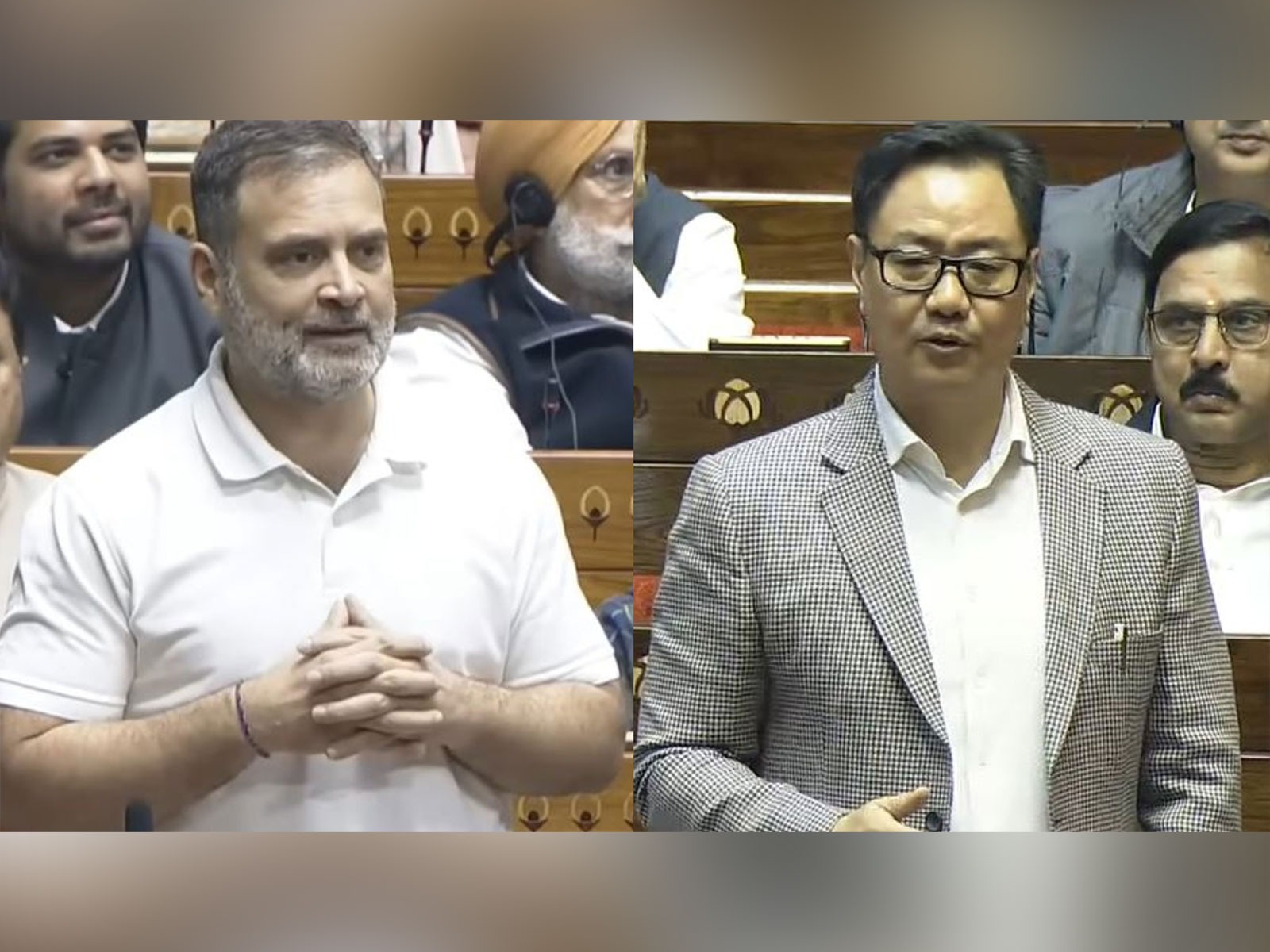 Lok Sabha LoP Rahul Gandhi and Union Minister Kiren Rijiju (Photo/Sansad TV) Lok Sabha LoP Rahul Gandhi and Union Minister Kiren Rijiju (Photo/Sansad TV)
