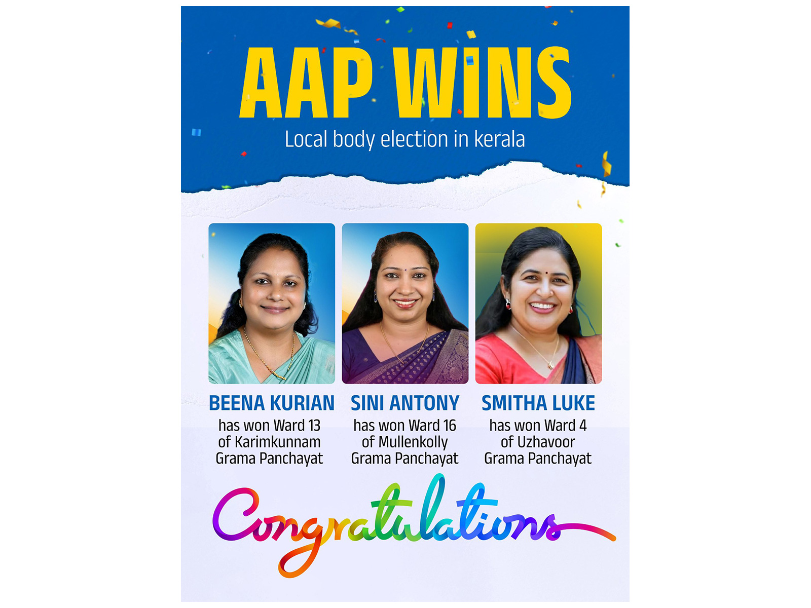 AAP wins three seats in Kerala Local Body elections (Photo/@OberoiShelly) AAP wins three seats in Kerala Local Body elections (Photo/@OberoiShelly)