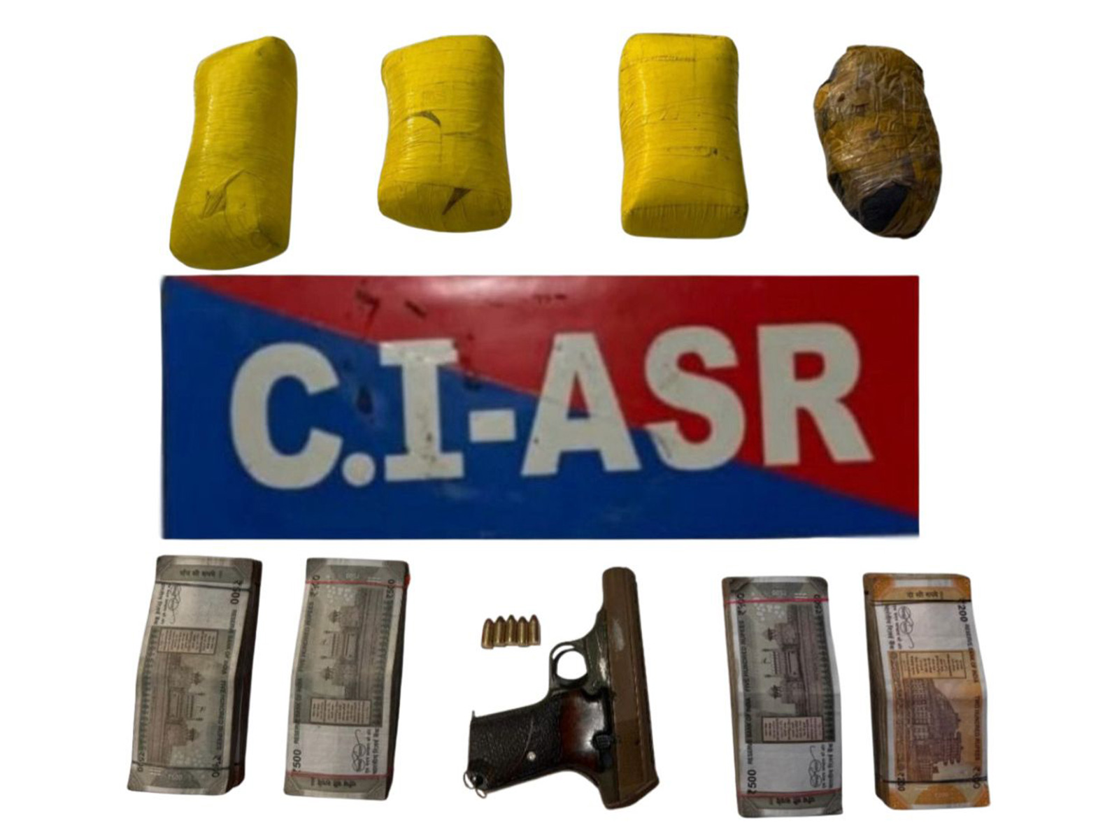 Pistols, magazine, five live cartridges, and Rs 3.90 lakh in drug money seized by Punjab Police (Photo/X/@DGPPunjab Police)