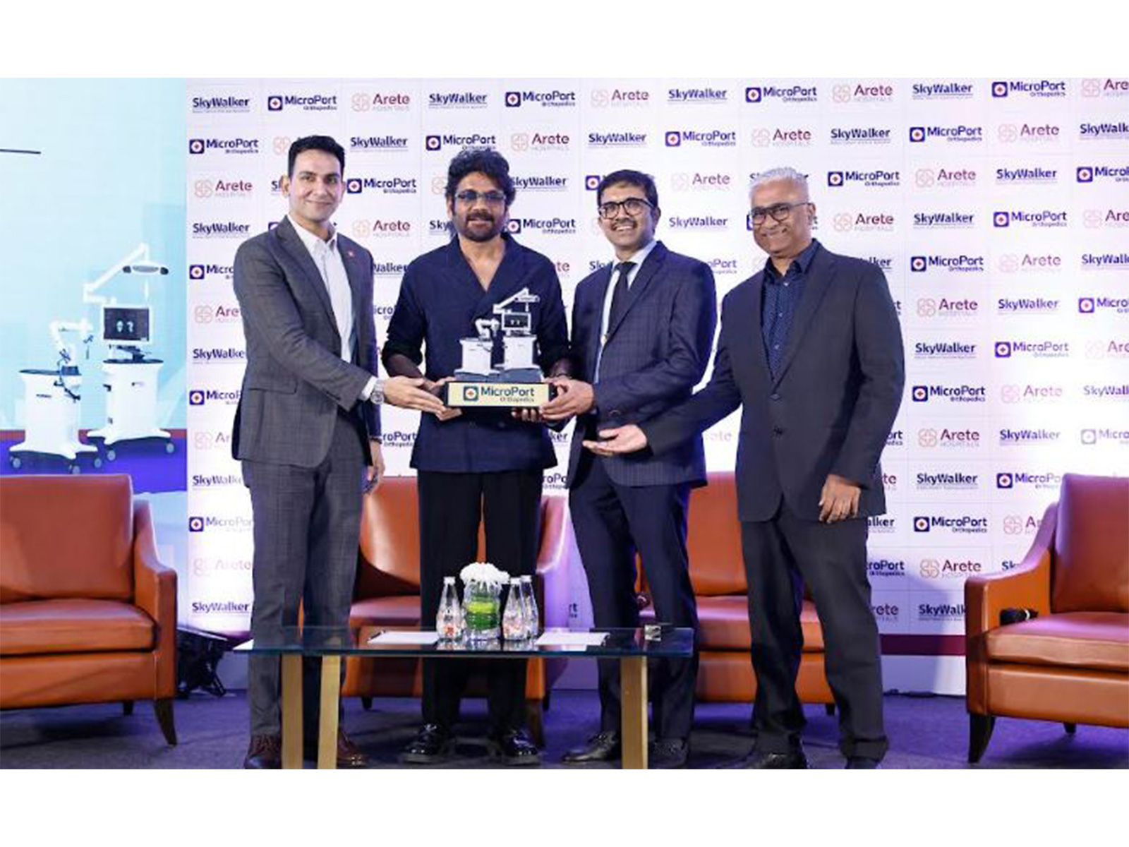 L to R: Dr. Mukesh Parmar, Nagarjuna Akkineni, Dr. Prabhat Lakkireddi, and Dr. Pavan Kumar Reddy, at the launch of SkyWalker™ Orthopedic Robotic System at Arete Hospitals, Hyderabad