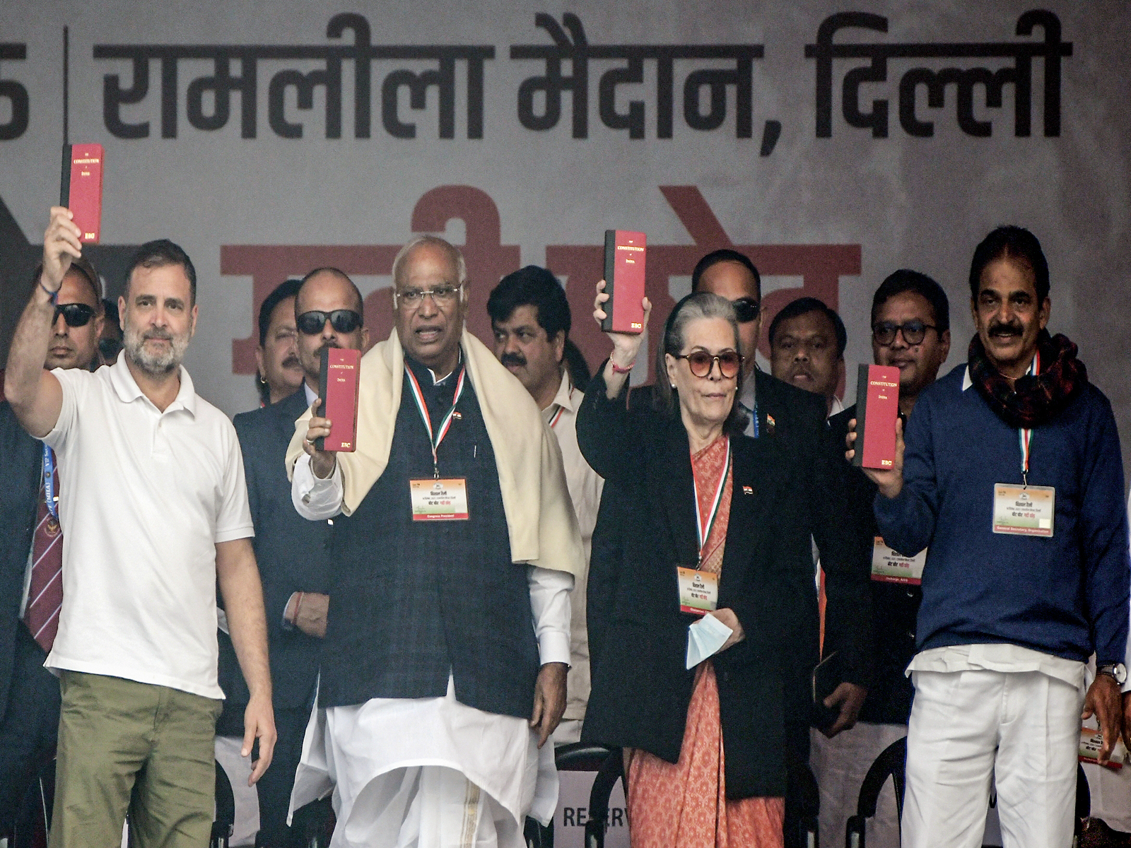Congress Parliamentary Party Chairperson Sonia Gandhi, party President Mallikarjun Kharge, Lok Sabha LoP Rahul Gandhi and party General Secretary KC Venugopal (Photo/ANI)