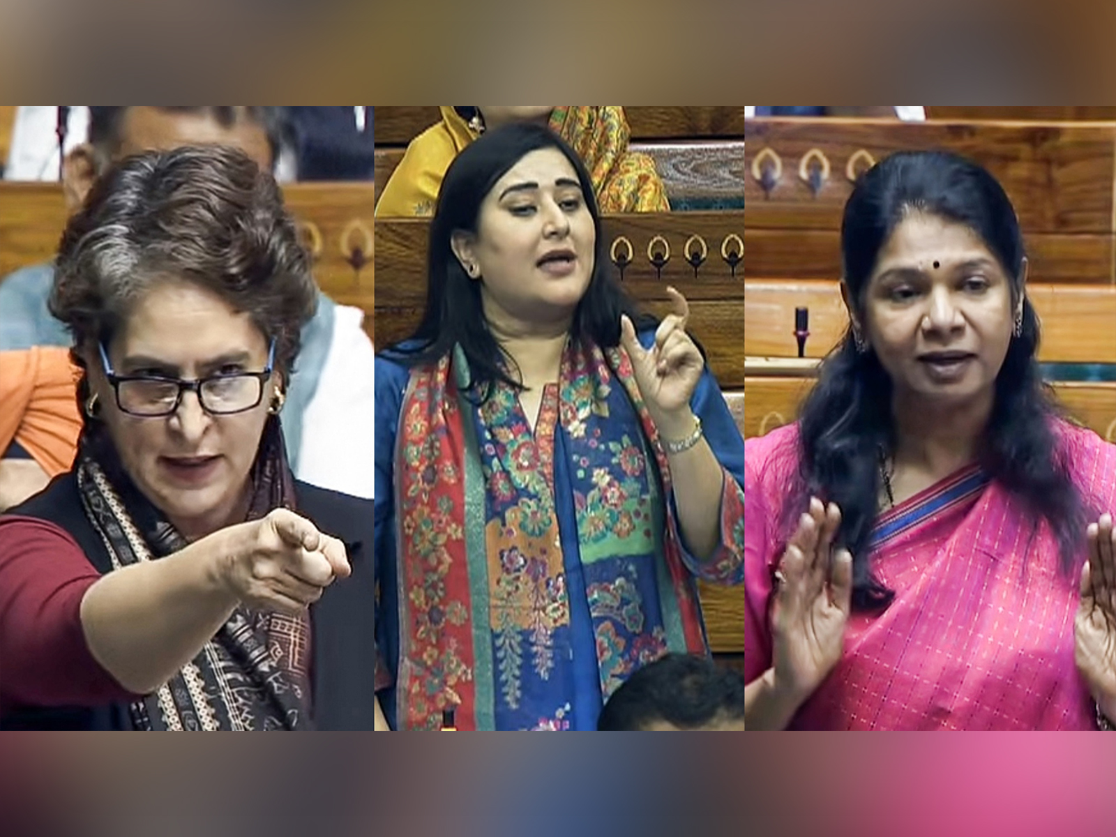 Priyanka Gandhi Vadra, Kanimozhi Karunanidhi, and Bansuri Swaraj speaks in Parliament. (Photo/ANI)