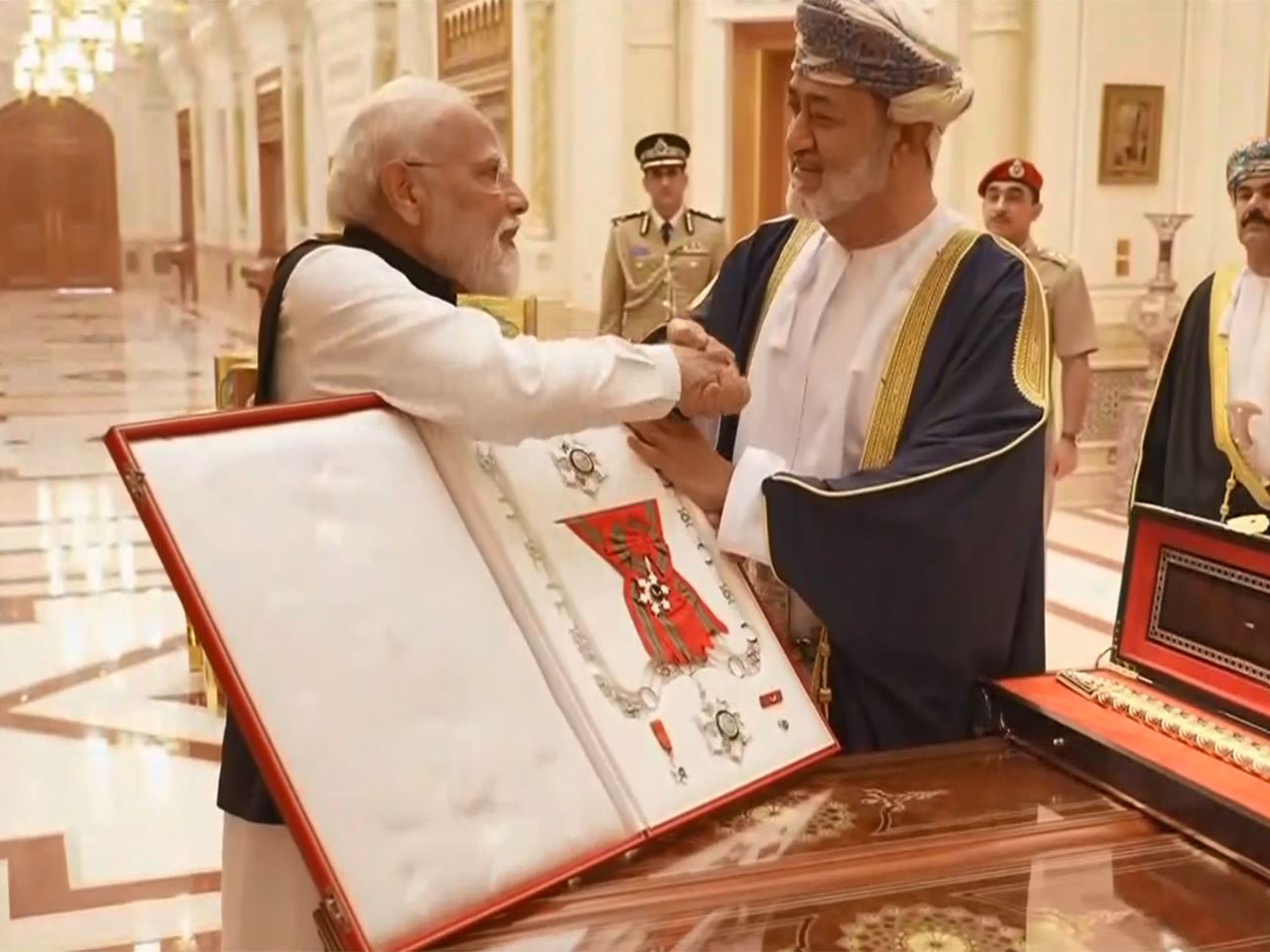 PM Modi was honoured with Order of Oman by Sultan Haitham bin Tarik in Muscat. (Photo/ANI) PM Modi was honoured with Order of Oman by Sultan Haitham bin Tarik in Muscat. (Photo/ANI)
