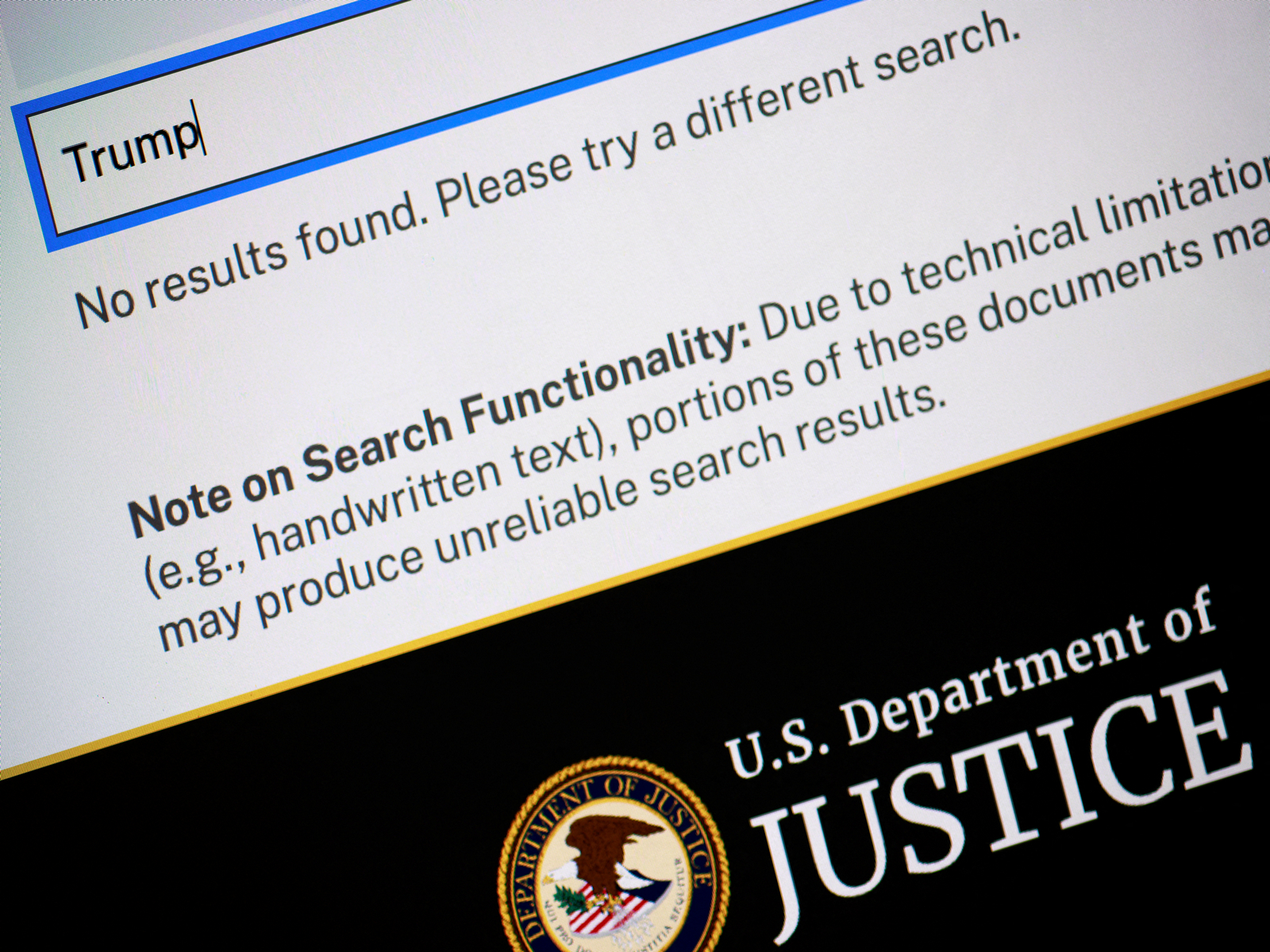A search for “Trump” shows no results on the US Department of Justice online library of new documents from disgraced late financier and sex offender Jeffrey Epstein, seen on this computer screen (Photo/Reuters)