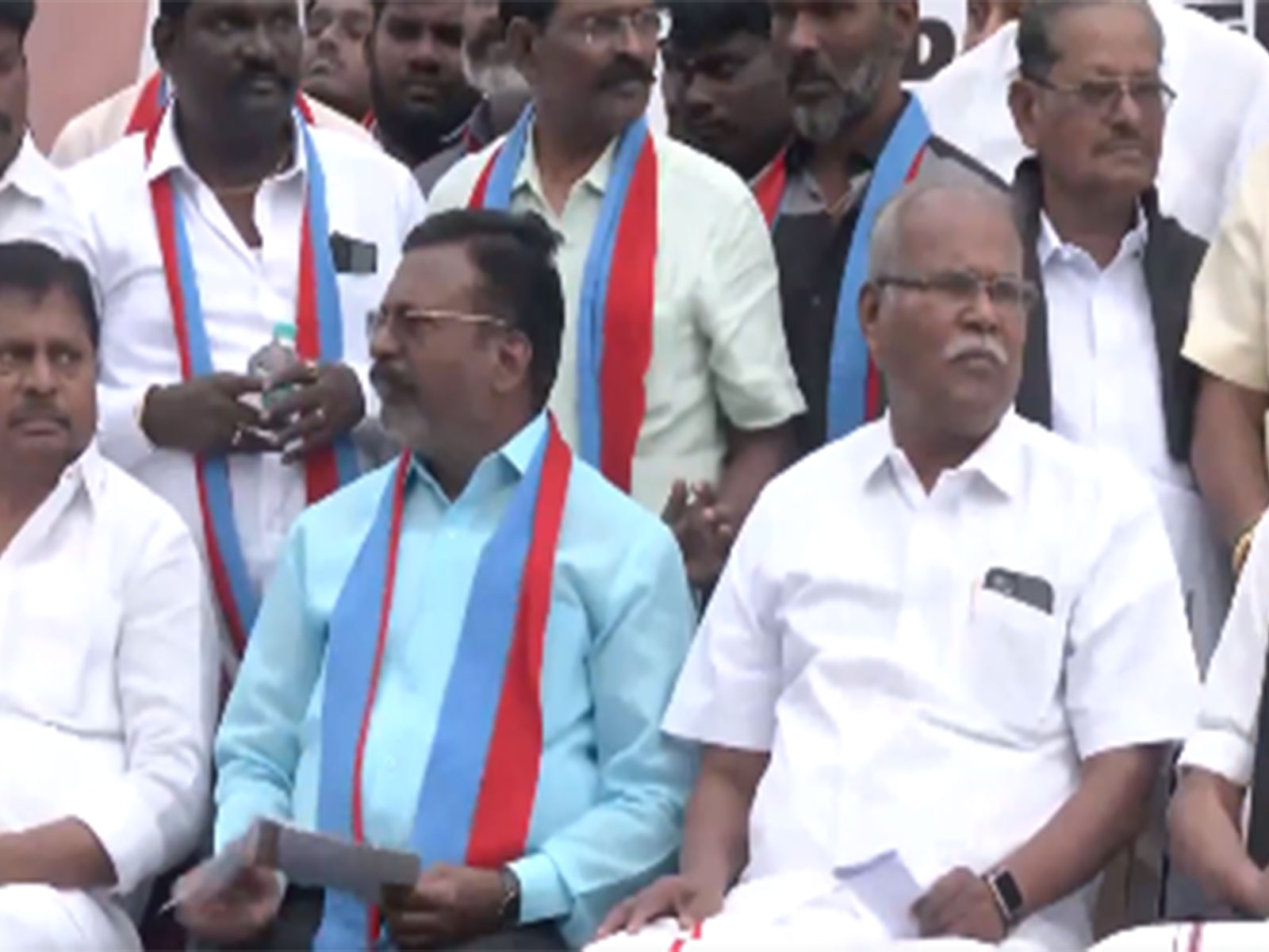 DMK alliance leaders during a protest in Chennai on Wednesday. (Photo/ANI)