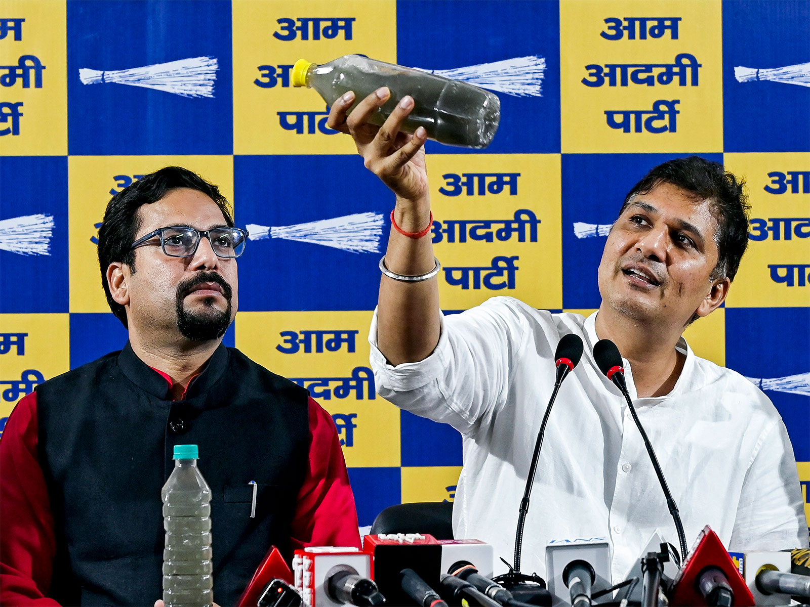 AAP leader Saurabh Bhardwaj with AAP MLA Sanjeev Jha. (Photo/ANI) AAP leader Saurabh Bhardwaj with AAP MLA Sanjeev Jha. (Photo/ANI)