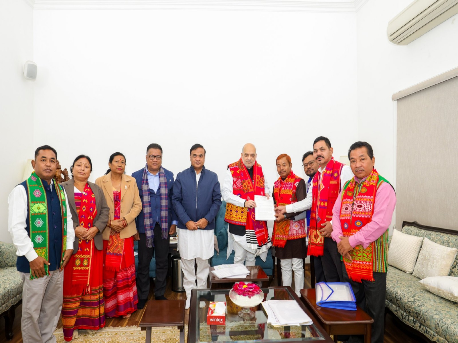 Delegations of the Rabha, Mising, and Tiwa communities meets Amit Shah along with CM Sarma (Photo: @himantabiswa/X)