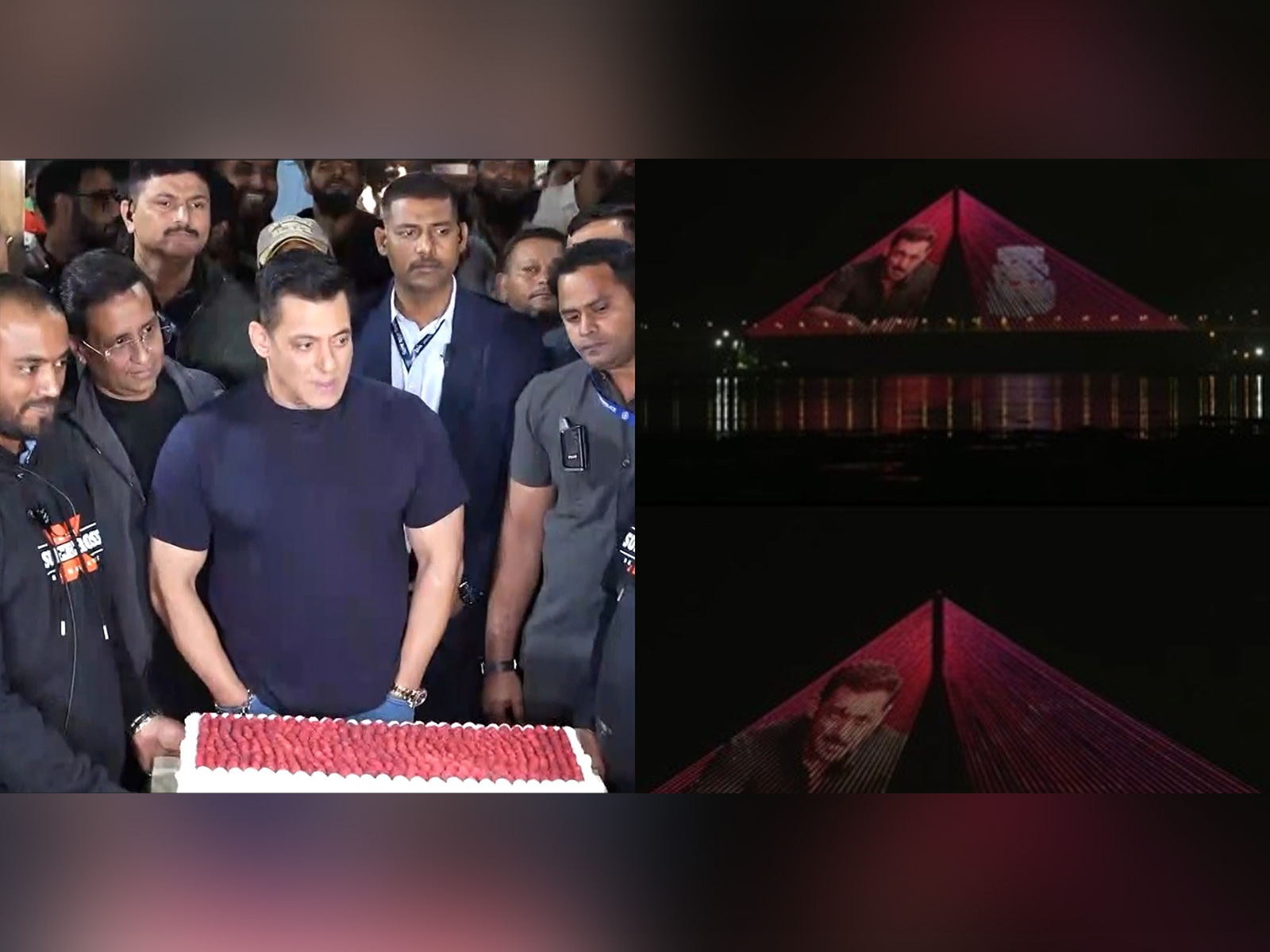 Salman Khan, Bandra-Worli Sea Link illuminated on occasion of 60th birthday(Image source/ANI) Salman Khan, Bandra-Worli Sea Link illuminated on occasion of 60th birthday(Image source/ANI)