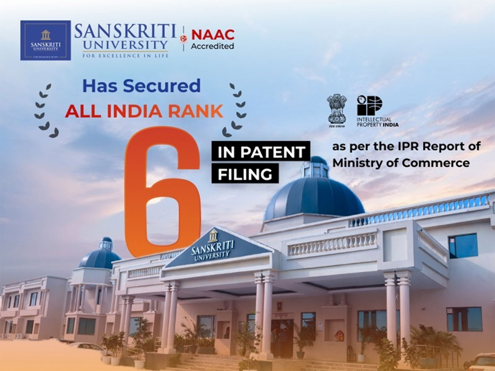 Sanskriti University Secures All India Rank 6 in Patent Filings, Reinforcing Its Leadership in Research & Innovation Sanskriti University Secures All India Rank 6 in Patent Filings, Reinforcing Its Leadership in Research & Innovation