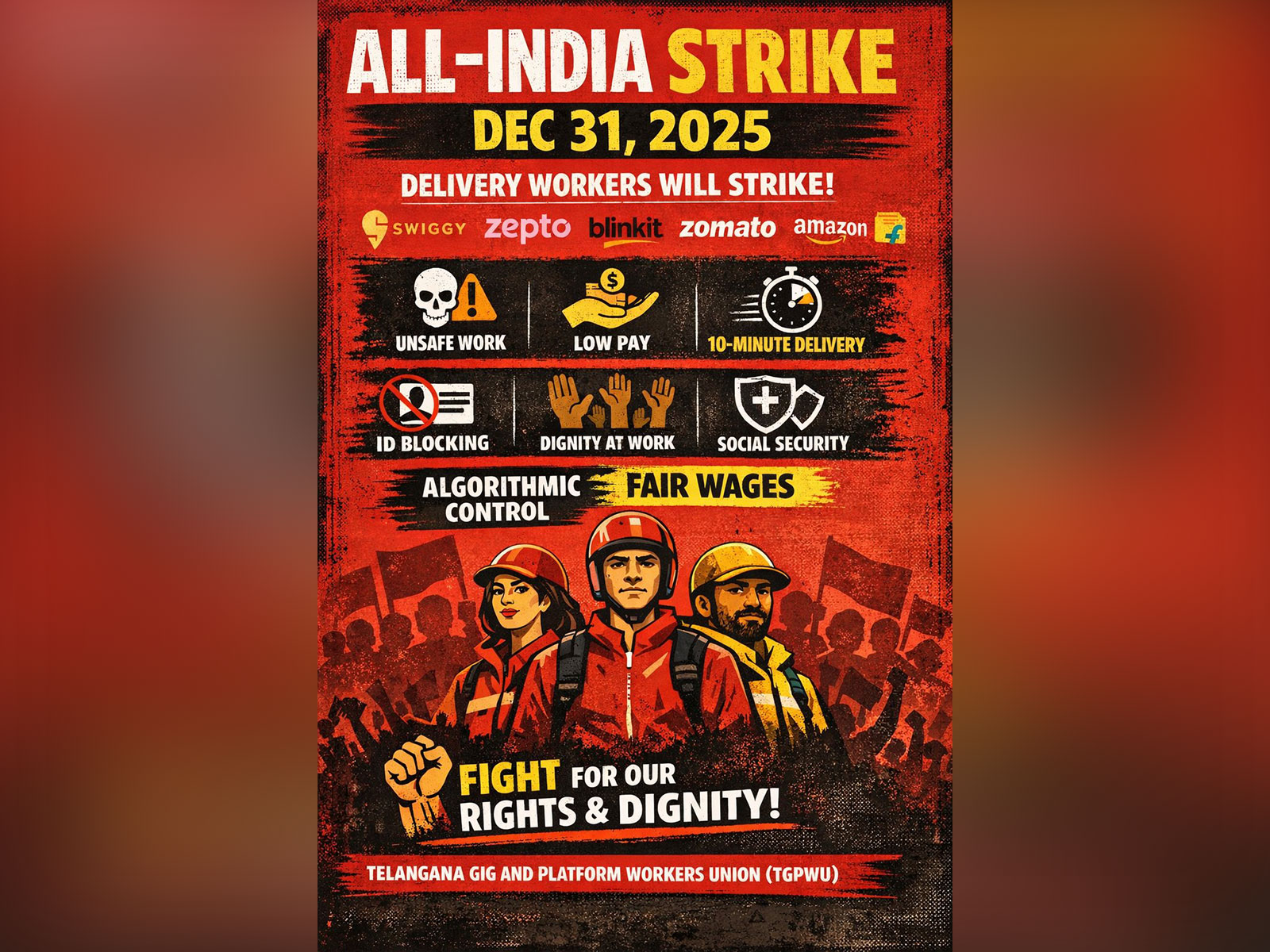 Telangana Gig and Platform Workers flyer calling for a strike (Photo/@TGPWU) Telangana Gig and Platform Workers flyer calling for a strike (Photo/@TGPWU)