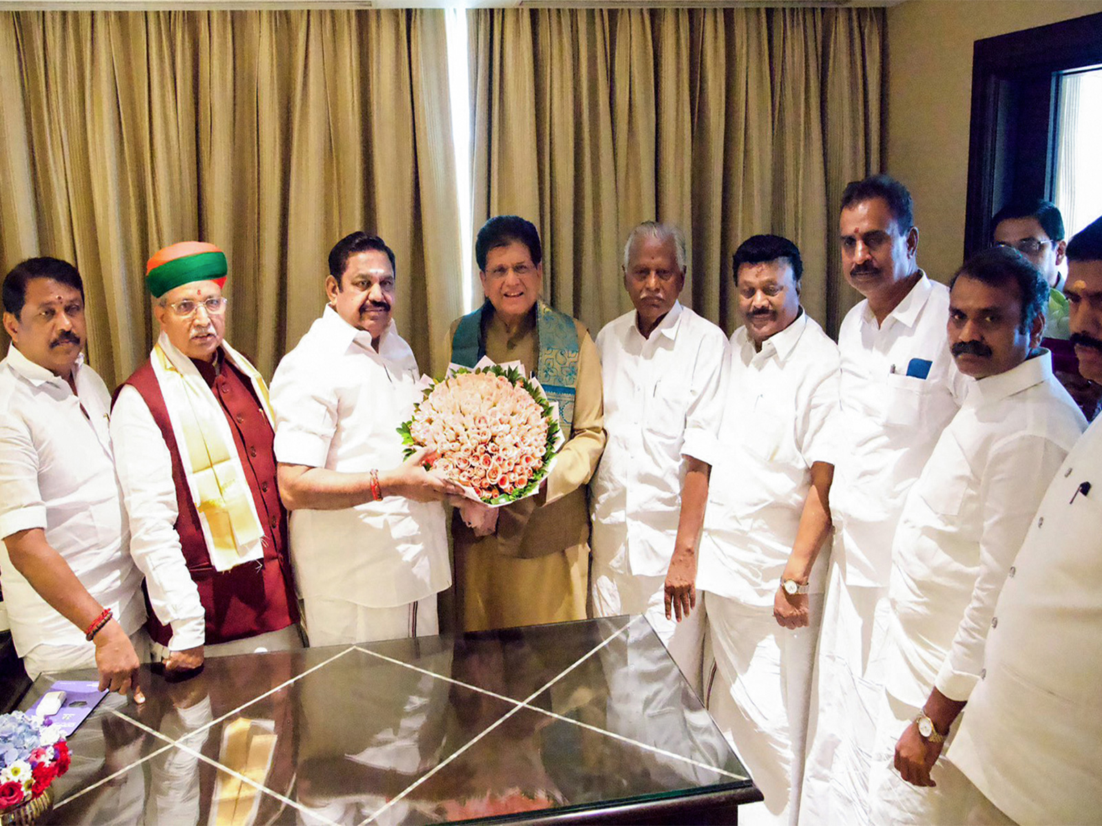 Union Minister Piyush Goyal meets Tamil Nadu BJP Chief Nainar Nagendran and AIADMK Chief Edappadi Palaniswami (Photo/ANI) Union Minister Piyush Goyal meets Tamil Nadu BJP Chief Nainar Nagendran and AIADMK Chief Edappadi Palaniswami (Photo/ANI)
