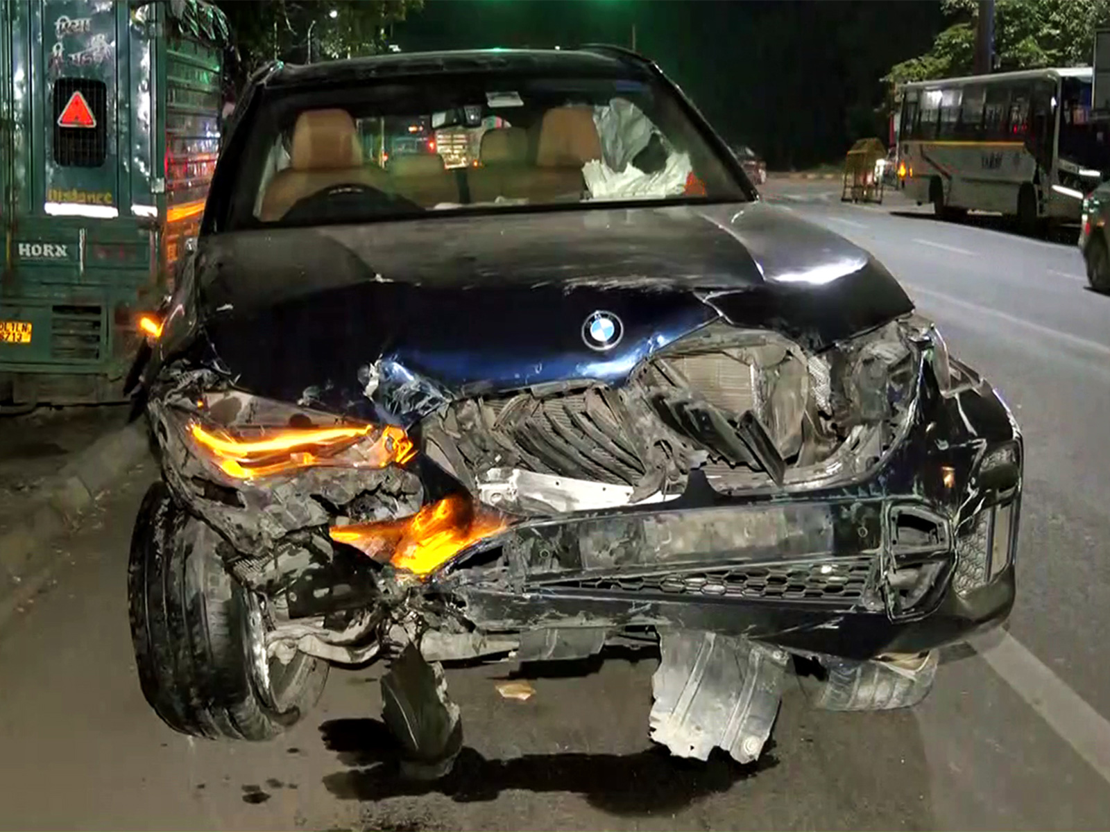 The BMW car, which collided with a couple riding motorcycle, the husband died, and the wife sustained the injuries in Dhaula Kuan, in New Delhi (Photo/ANI)