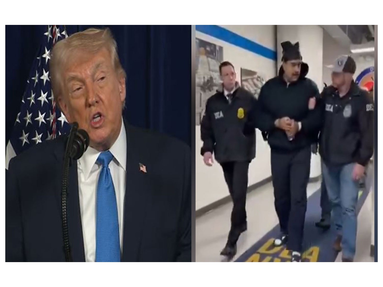 US President Donald Trump and Captured Venezuelan Dictator Nicolás Maduro stages the perp-walk.  (Photo/ Youtube @WhiteHouse/X@RapidResponse47)