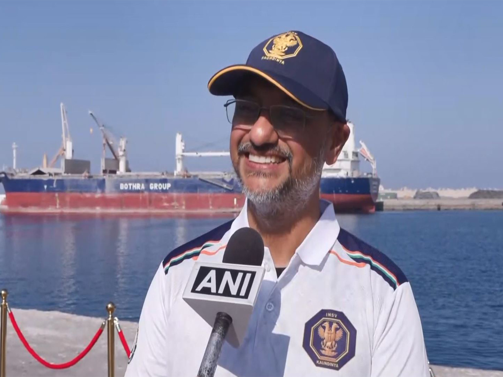 PM-EAC member Sanjeev Sanyal, part of INSV Kaundinya’s crew, speaks after the vessel’s maiden international voyage from Porbandar to Muscat. (Photo/ANI)