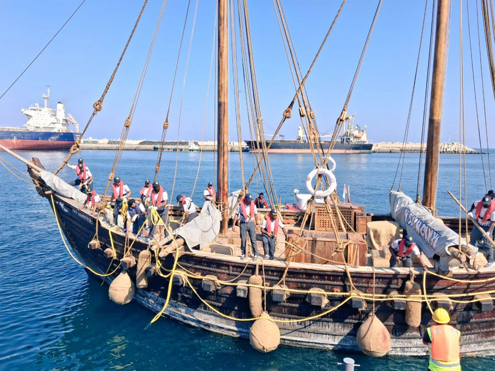 Indian Navy’s traditional stitched sailing vessel INSV Kaundinya arrives at Muscat port after 18-day voyage from Gujarat to Oman. (Photo: X/@sarbanandsonwal) Indian Navy’s traditional stitched sailing vessel INSV Kaundinya arrives at Muscat port after 18-day voyage from Gujarat to Oman. (Photo: X/@sarbanandsonwal)