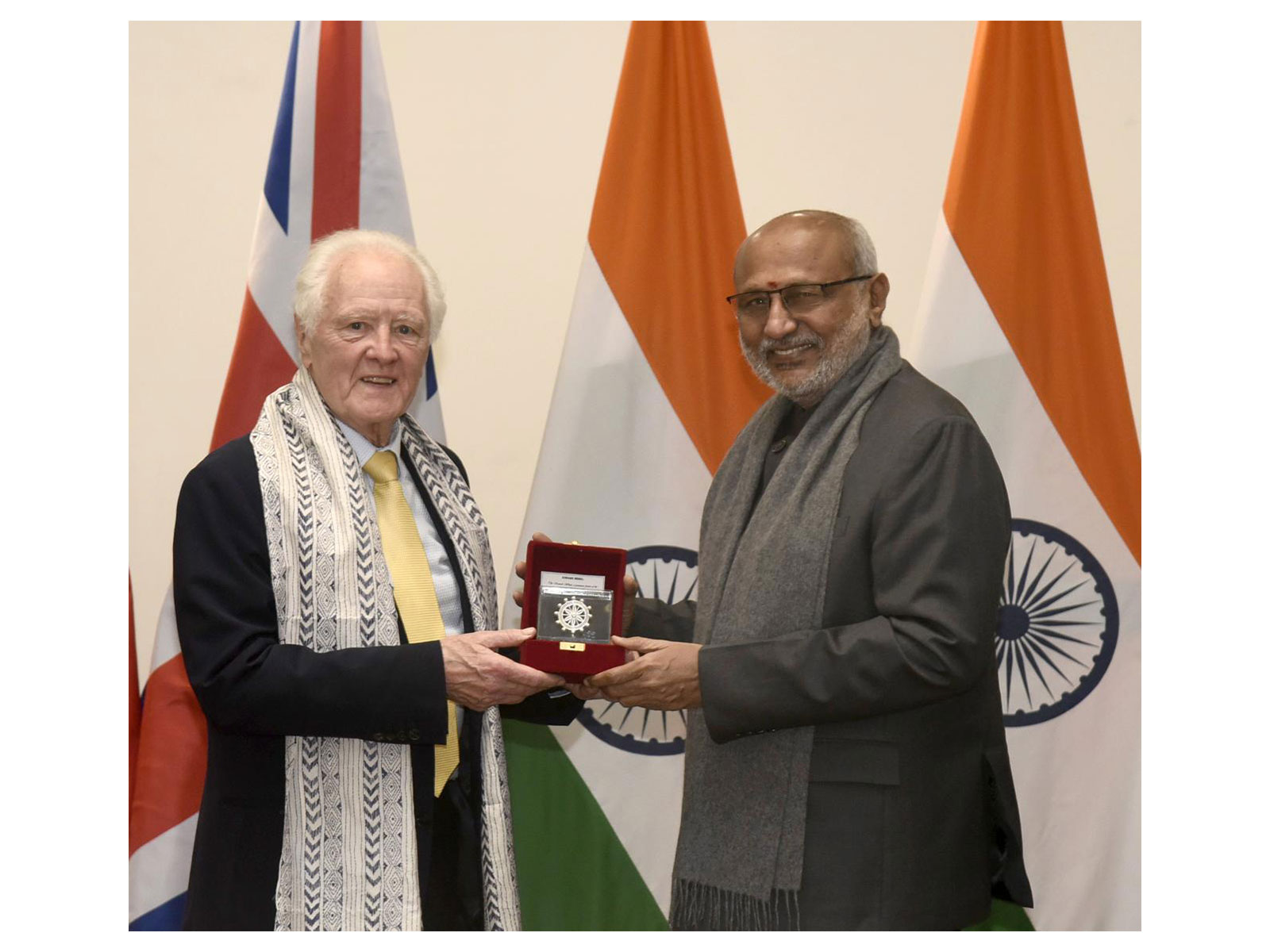 Vice President CP Radhakrishnan meets Lord McFall of Alcluith PC, Lord Speaker of the UK House of Lords, at Parliament House in New Delhi on the sidelines of the 28th CSPOC. (Photo/PIB)