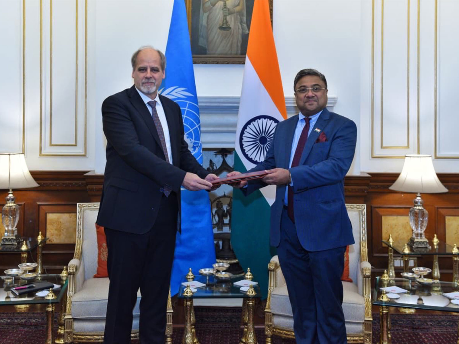 Stefan Priesner UN’s Resident Coordinator in India with Secretary (West), Ministry of External Affairs, Sibi George (Photo: X@MEAIndia)
