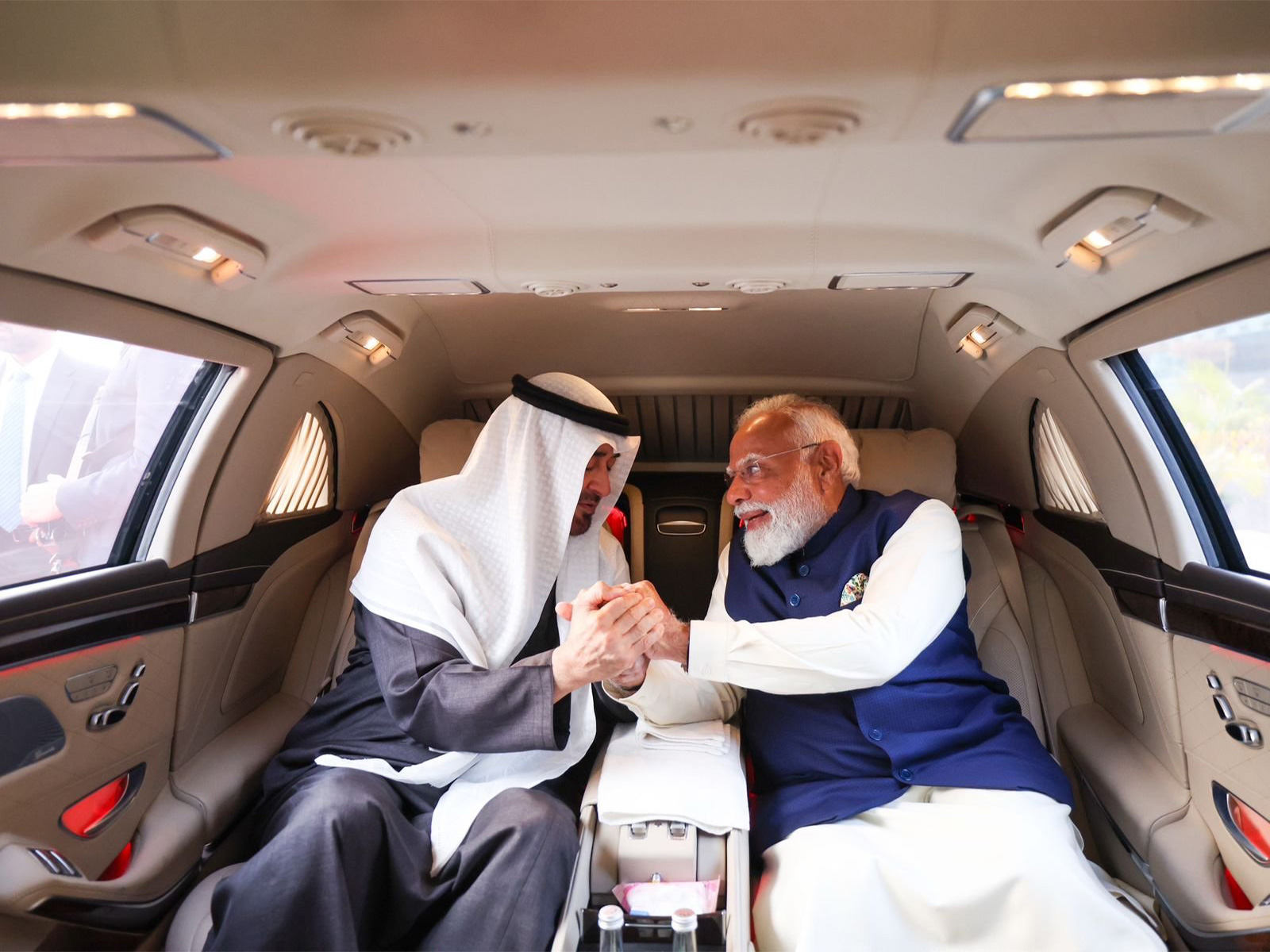 Prime Minister Narendra Modi and UAE President Sheikh Mohamed bin Zayed Al Nahyan travel together in the same car after the UAE leader’s arrival for an official visit in New Delhi. (Photo: X/@narendramodi)