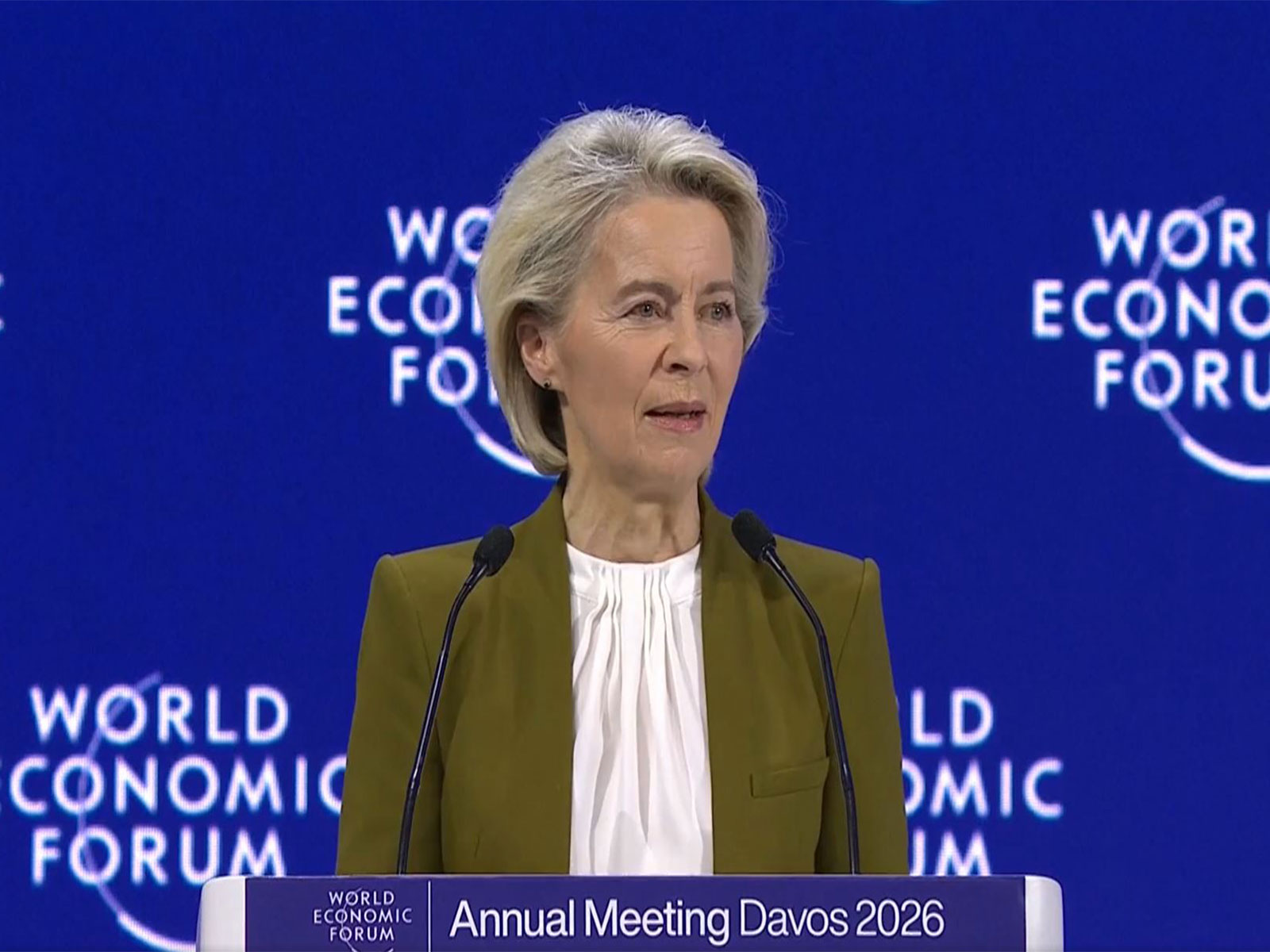 European Commission President Ursula von der Leyen speaks at the World Economic Forum in Davos. (Photo: X/@vonderleyen)