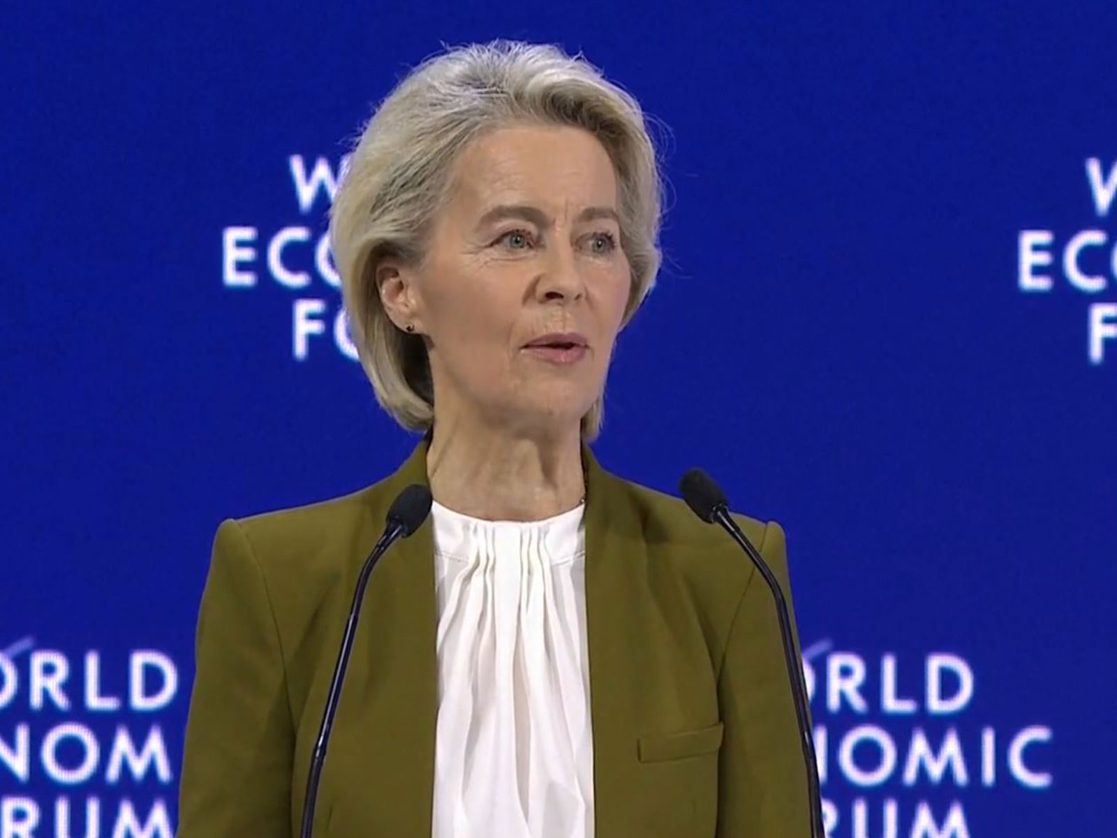 European Commission President Ursula von der Leyen addresses the World Economic Forum in Davos, saying the EU is close to finalising a free trade agreement with India. (Photo: X/@vonderleyen)