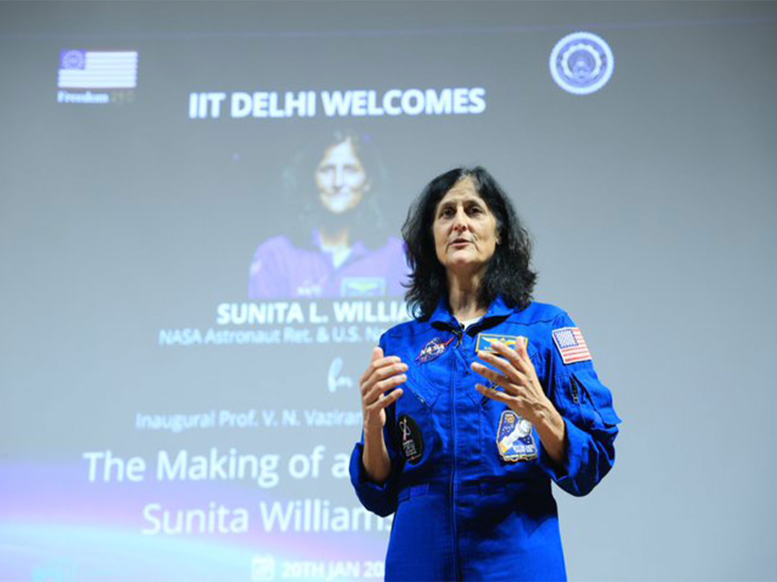 NASA astronaut Sunita Williams speaks on space commercialisation and emerging technologies during her visit to the national capital. (Photo: X/@iitdelhi)