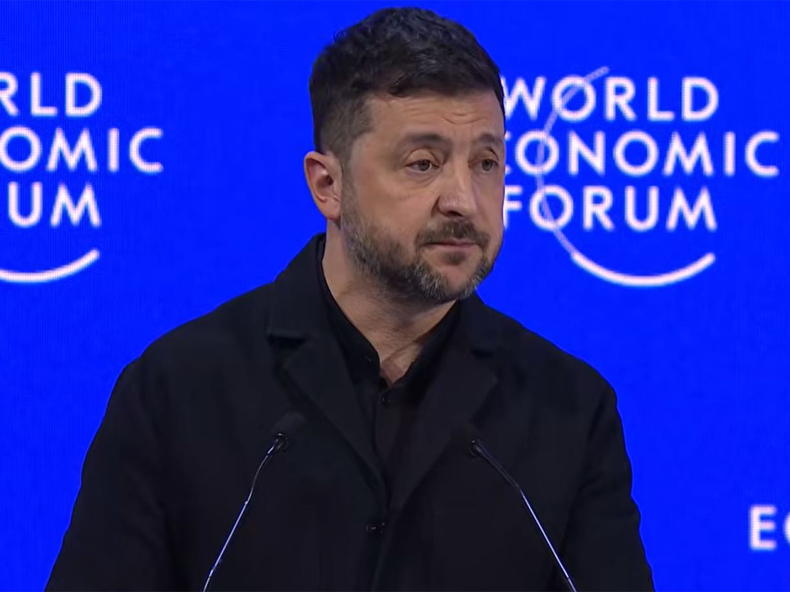 Ukrainian President Volodymyr Zelenskyy addresses the World Economic Forum in Davos. (Image Source: YouTube/WEF)