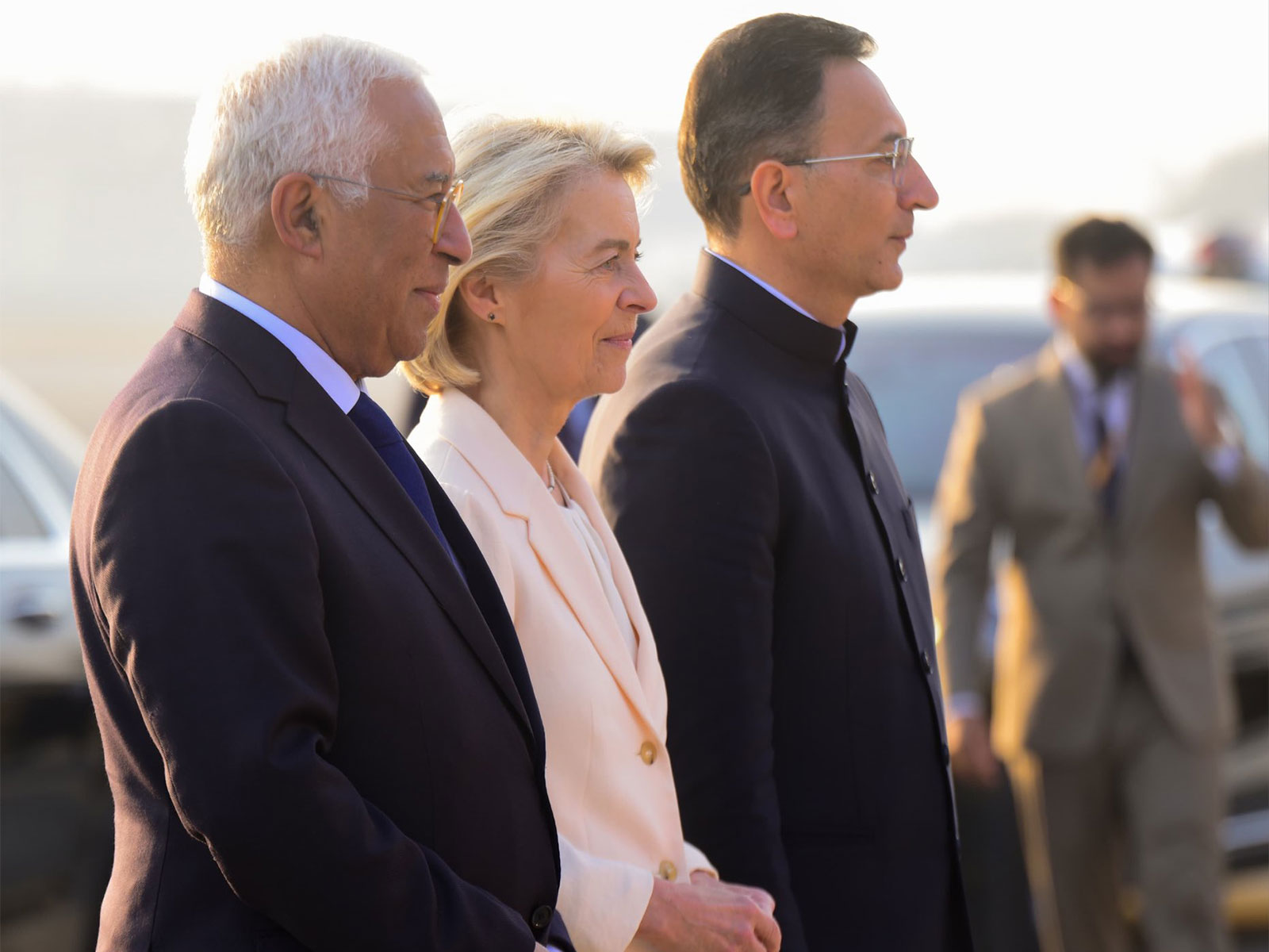 President of the European Council António Costa and President of the European Commission Ursula von der Leyen with Minister of State for Commerce and Industry  Jitin Prasada (Photo: X@MEAIndia)