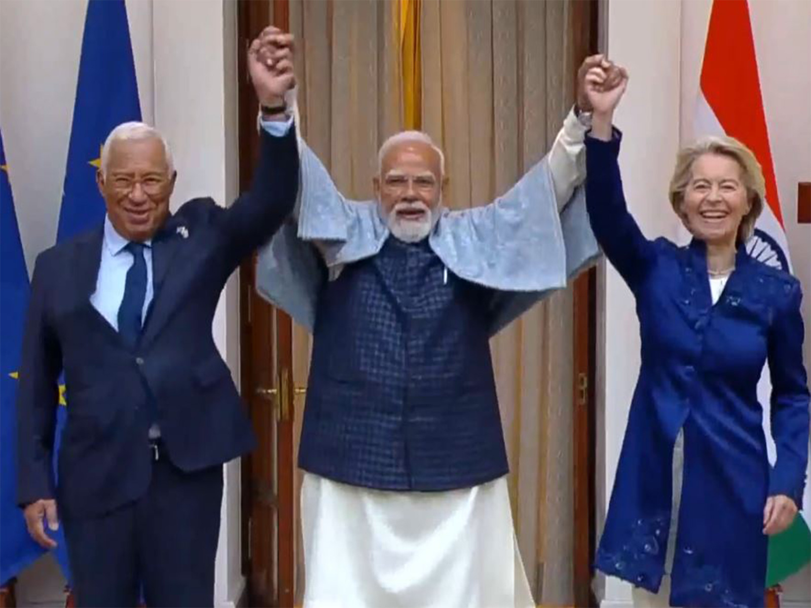 PM Modi with EU leaders Ursula von der Leyen, Antonio Costa (Photo/DD/ANI)