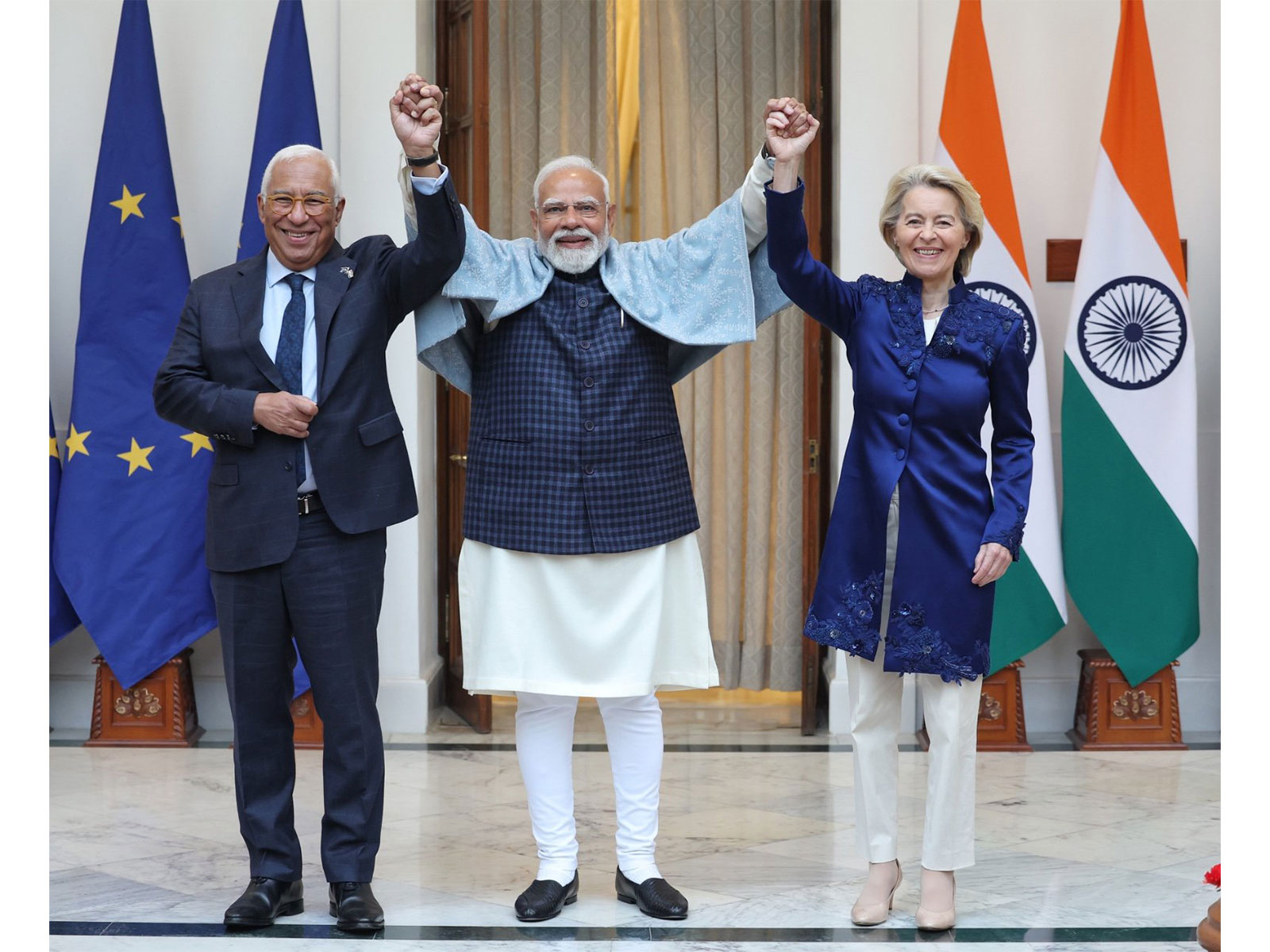 PM Narendra Modi during the 16th India–EU Summit with European Council President António Costa and European Commission President Ursula von der Leyen. (Photo: X/@narendramodi)