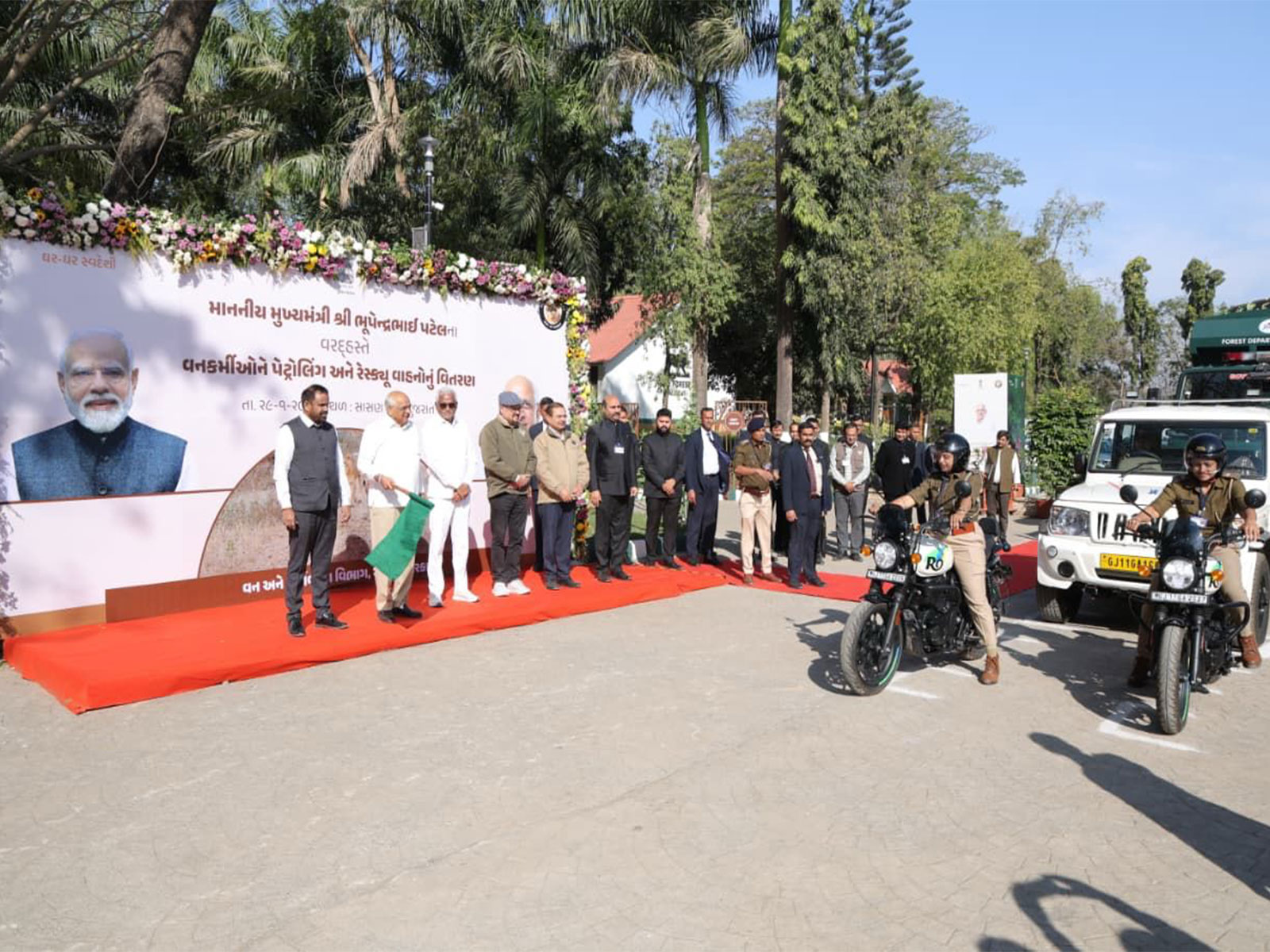 CM Bhupendra Patel flags off 183 vehicles for forest personnel at Sasan Gir (Photo/ANI) CM Bhupendra Patel flags off 183 vehicles for forest personnel at Sasan Gir (Photo/ANI)