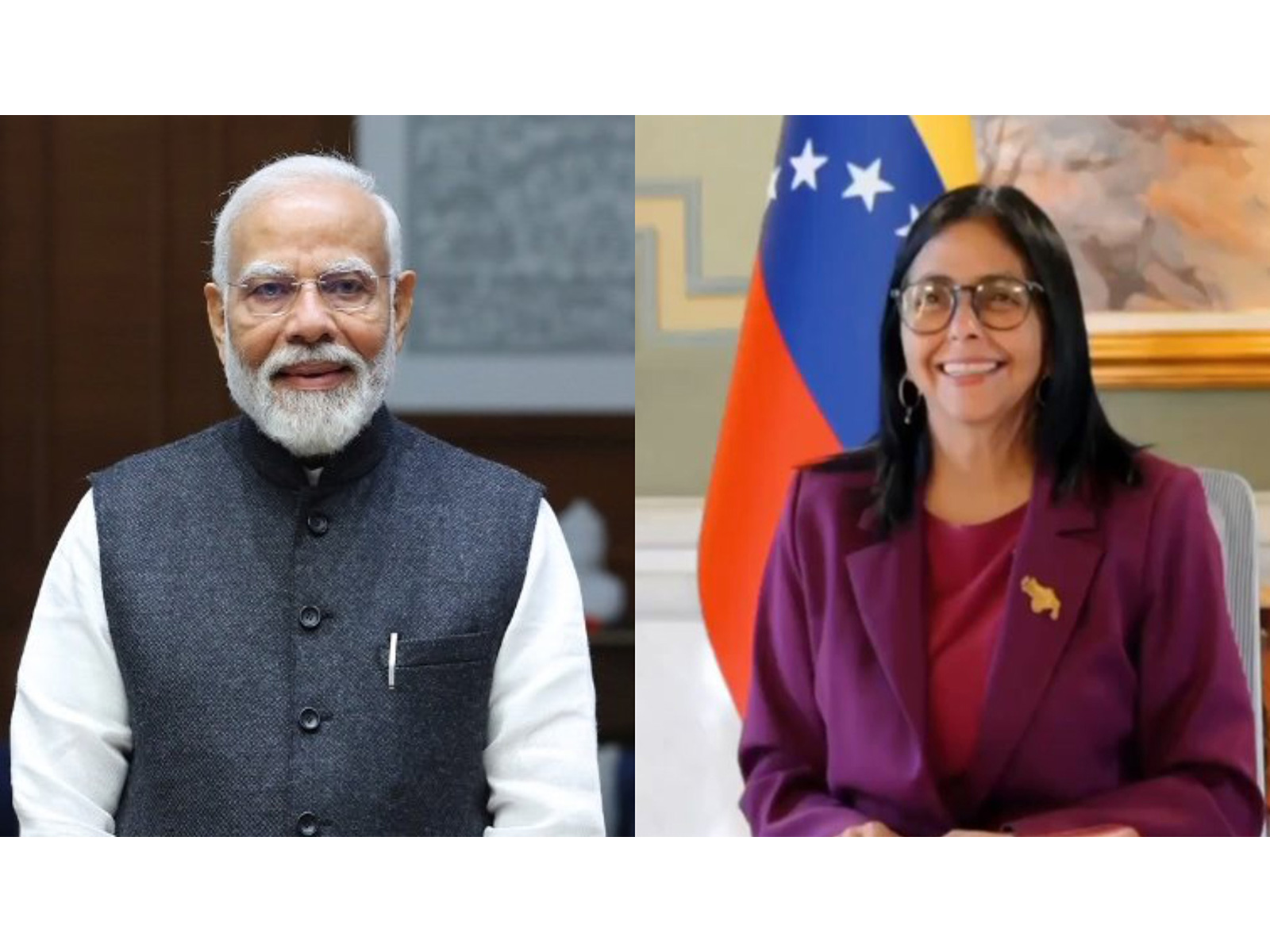 Prime Minister Narendra Modi and Venezuela’s acting president Delcy Rodriguez (Photos: X/@narendramodi and @delcyrodriguezv)