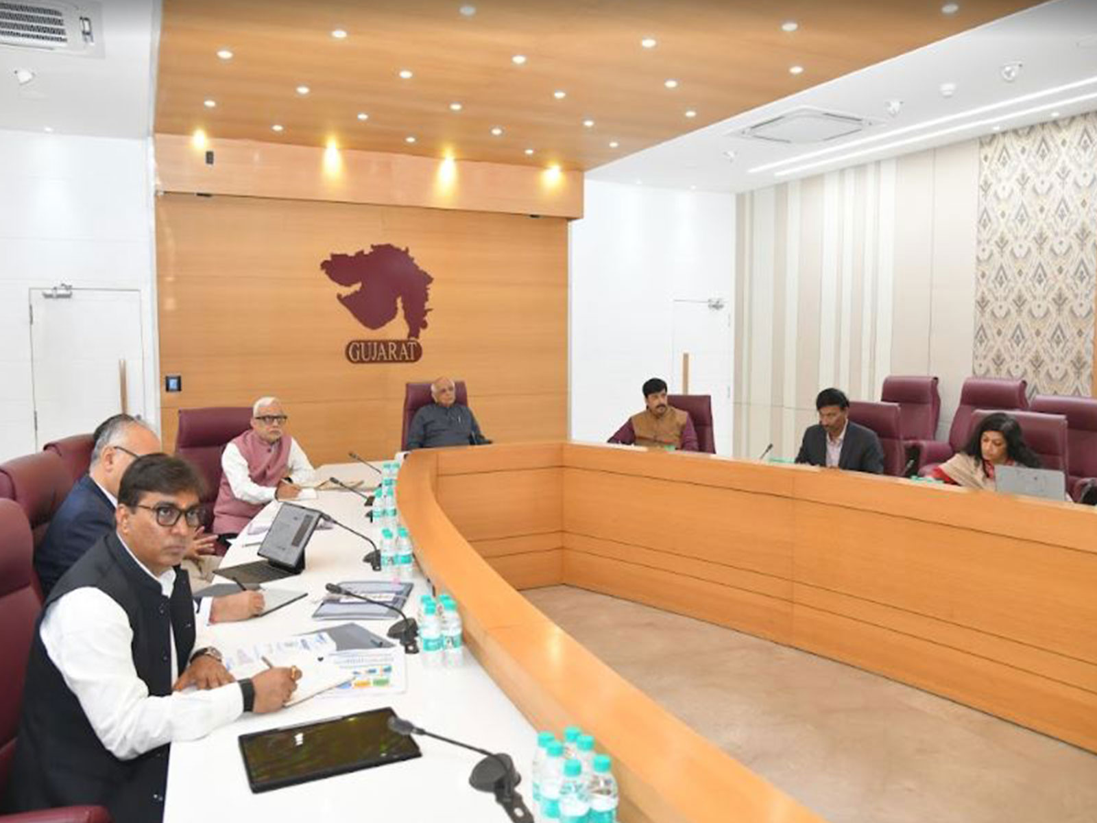 Gujarat CM Bhupendra Patel and other leaders watching live updates of Union Budget 2026 (Photo/ANI)