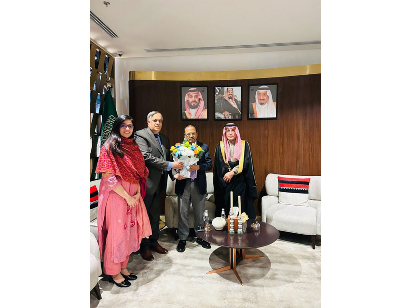 National Security Adviser (NSA) Ajit Doval received by India’s Ambassador to Saudi Arabia, Dr Suhel Ajaz Khan, and Saudi Arabia’s Deputy Minister for Political Affairs, Ambassador Dr Saud Al-Sati (Photo/X/ @IndianEmbRiyadh) 