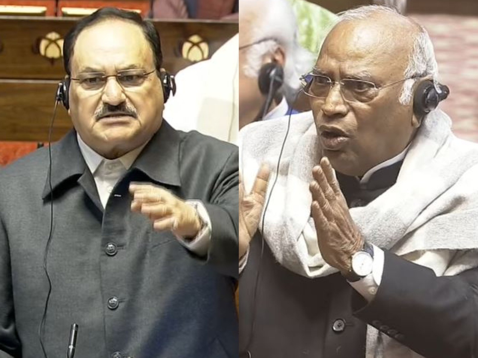 Union Minister JP Nadda and Rajya Sabha LoP Mallikarjun Kharge (Photo/Sansad TV)