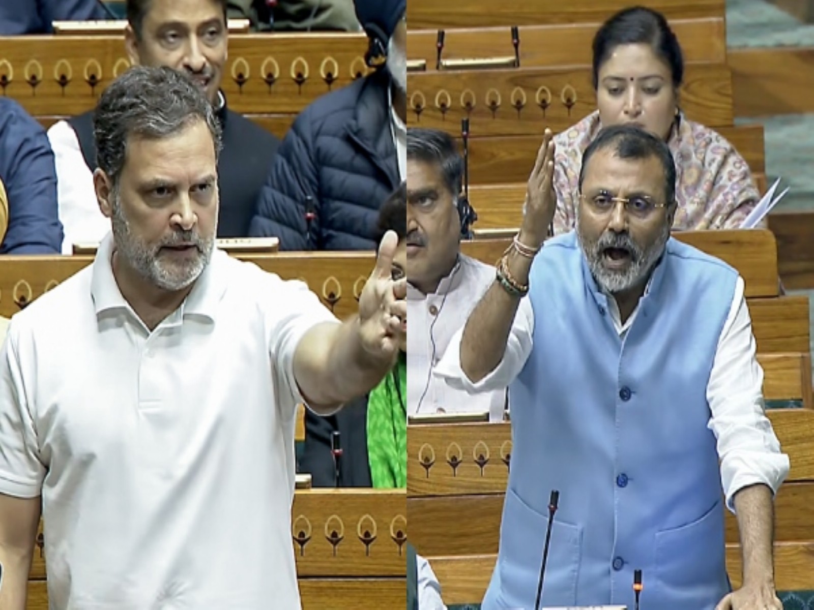 Lok Sabha LoP Rahul Gandhi (R) and BJP MP Nishikant Dubey (R) (FilePhoto/ANI)