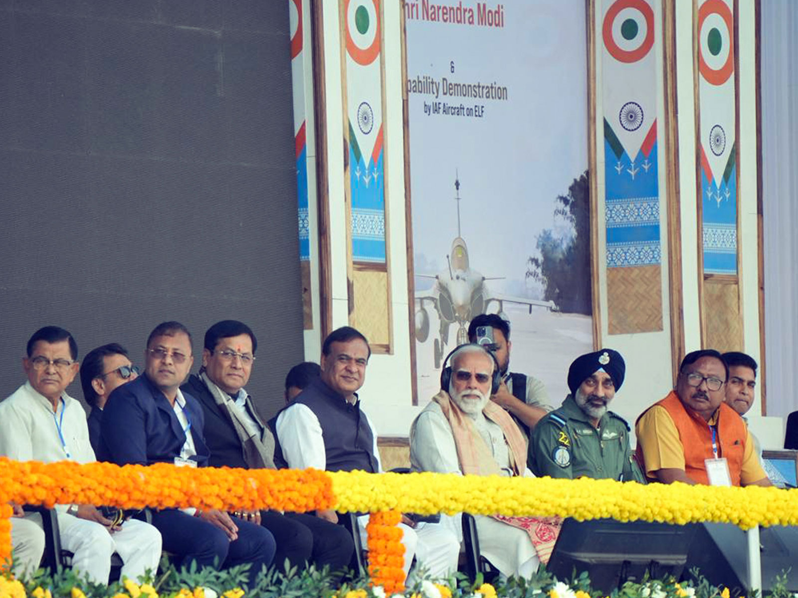 PM Modi, Assam CM, and Air Chief Marshal during the inauguration of the newly built Emergency Landing Facility (ELF) in Assam's Dibrugarh (Photo/ANI)