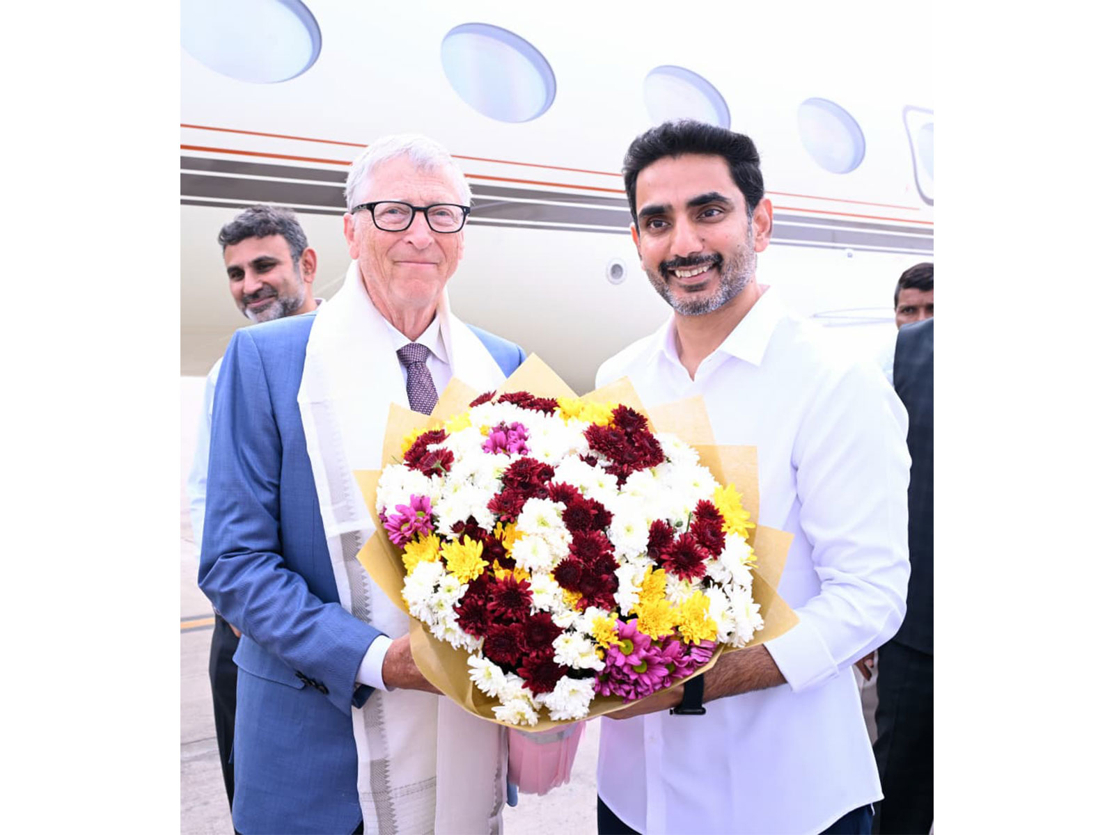 Andhra Minister Nara Lokesh receives Bill Gates at Gannavaram Airport in Amaravati (Photo/@naralokesh)