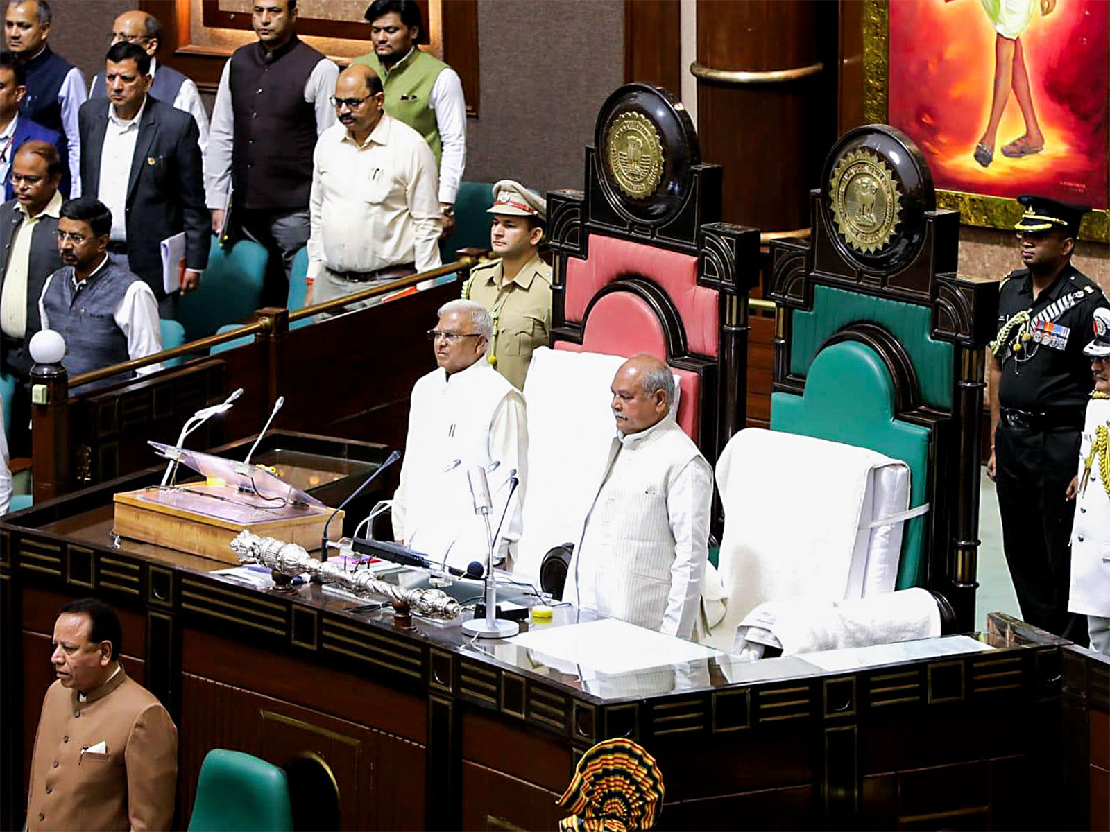 MP Governor Mangubhai Patel and MP assembly speaker Narendra Singh Tomar (Photo / ANI)