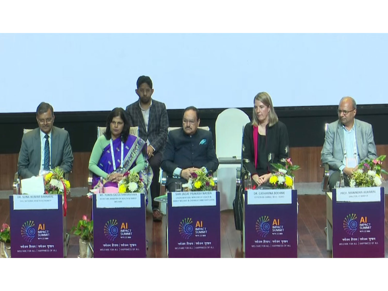 Union Health Minister JP Nadda joins Health Secretary Punya Salila Srivastava and WHO’s Catharina Boehme during a healthcare-focused session at the India AI Impact Summit 2026 in New Delhi. (Photo/ANI)