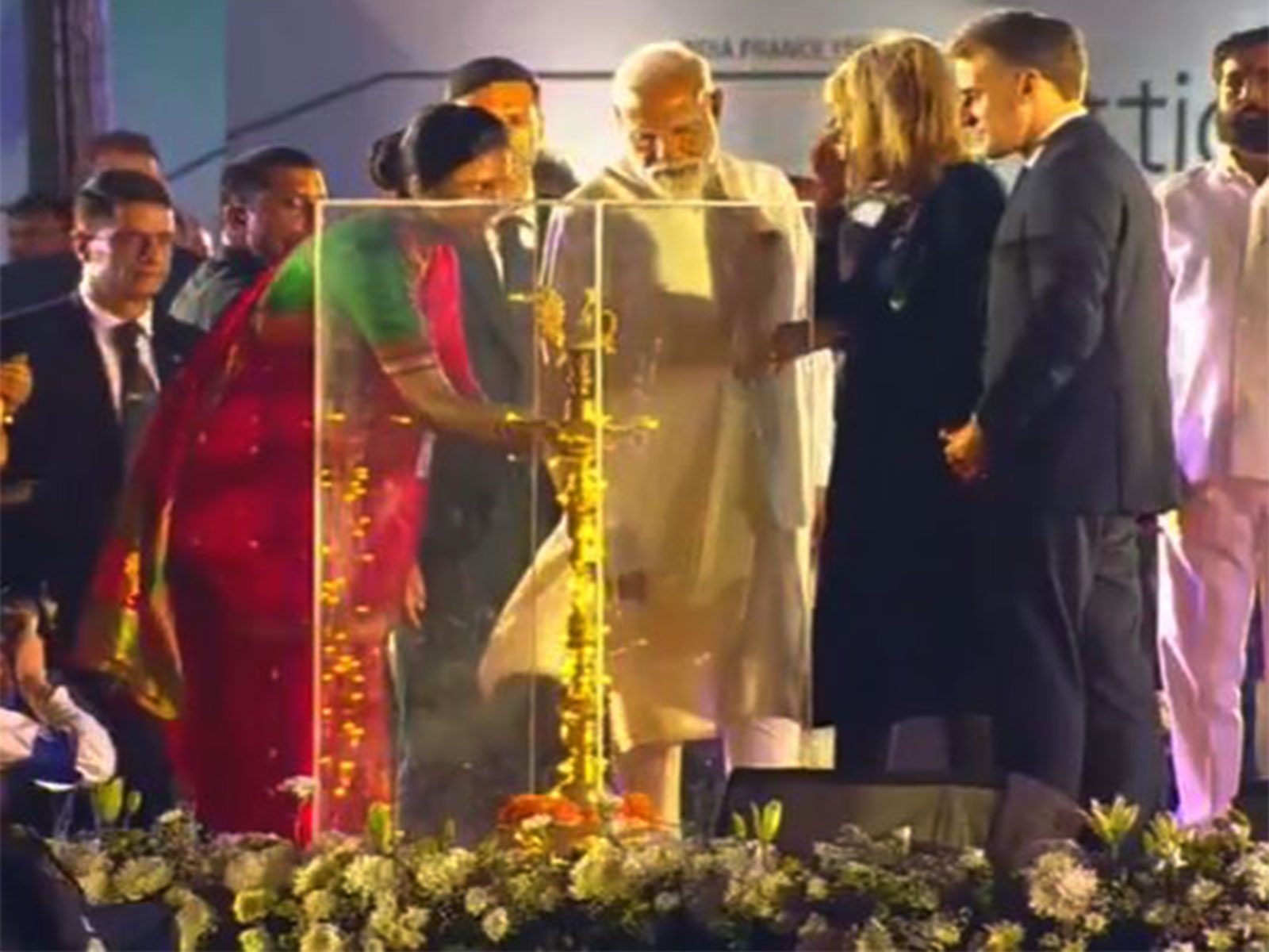 Prime Minister Narendra Modi with French President Emmanuel Macron and French First Lady Brigitte Macron (Photo/ANI)