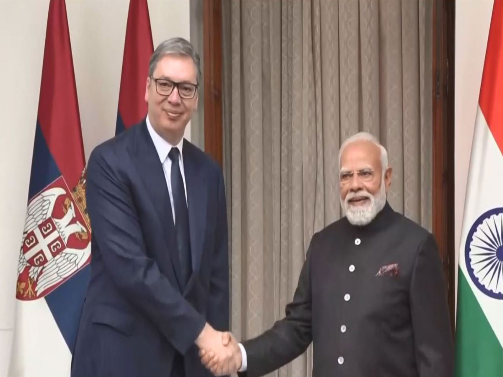 Prime Minister Narendra Modi meets Serbian President Aleksandar Vučić at Hyderabad House in New Delhi. (Photo/ANI) Prime Minister Narendra Modi meets Serbian President Aleksandar Vučić at Hyderabad House in New Delhi. (Photo/ANI)