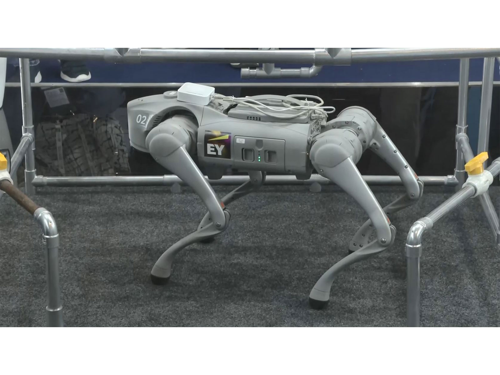 ‘Scout’, an autonomous robotic inspection system, draws attention at the EY booth in Hall 1 of Bharat Mandapam during the India AI Impact Summit 2026 in New Delhi. (Photo/ANI)