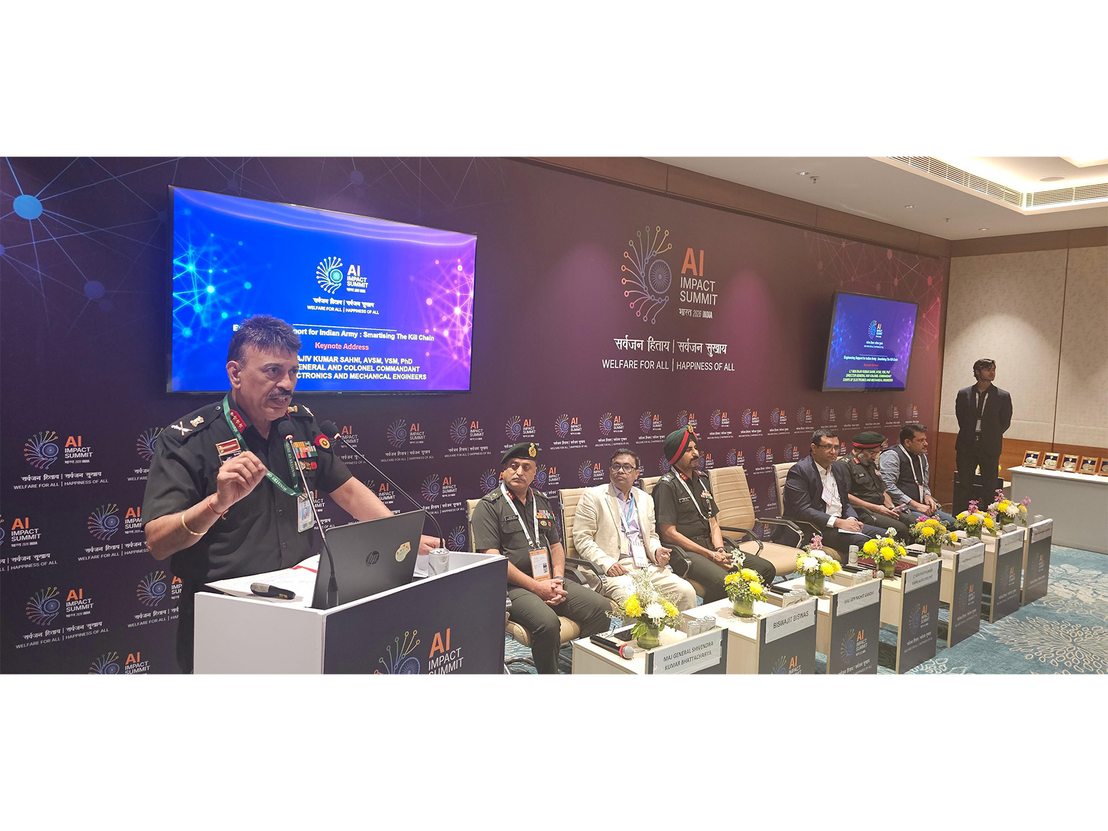 Lt Gen Rajiv Kumar Sahni addressing the AI Impact Summit 2026 on 'smartising the kill chain' (Photo/Ministry of Defence)