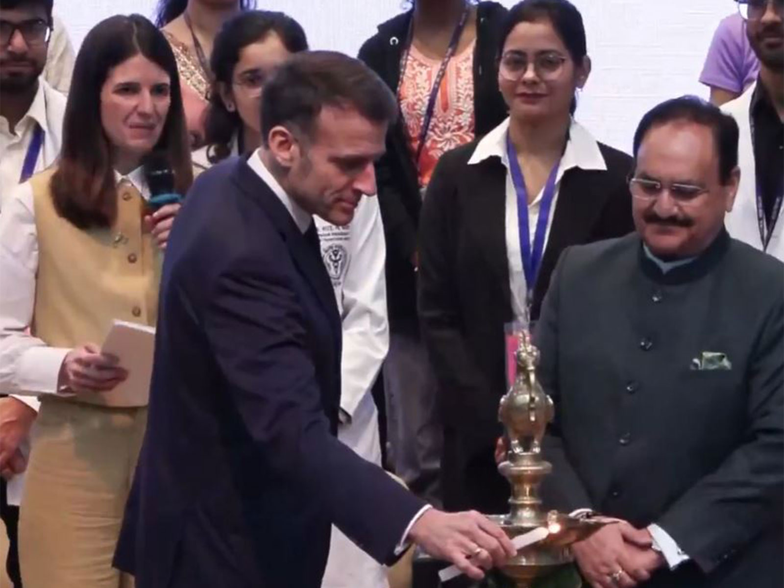 French President Emmanuel Macron with Union Minister JP Nadda (Photo/ANI) French President Emmanuel Macron with Union Minister JP Nadda (Photo/ANI)
