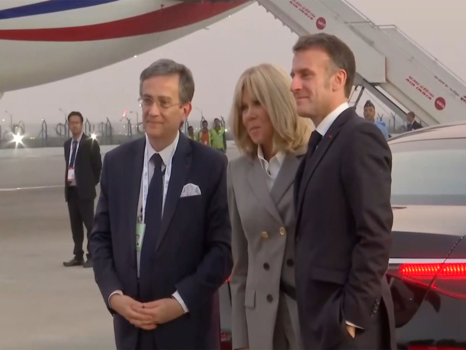 President Emmanuel Macron and First Lady Brigitte Macron at Delhi Airport (Photo/ANI) President Emmanuel Macron and First Lady Brigitte Macron at Delhi Airport (Photo/ANI)