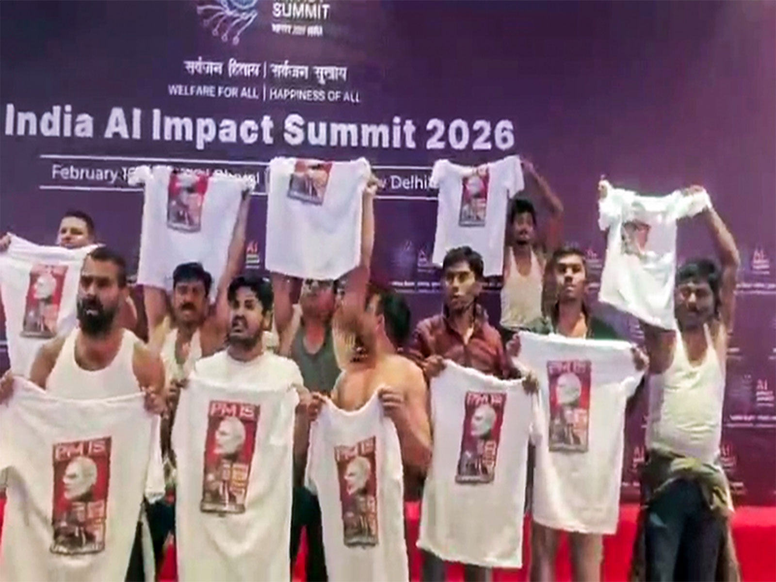 'Shirtless protest' by IYC members during AI Summit (Photo/ANI) 'Shirtless protest' by IYC members during AI Summit (Photo/ANI)