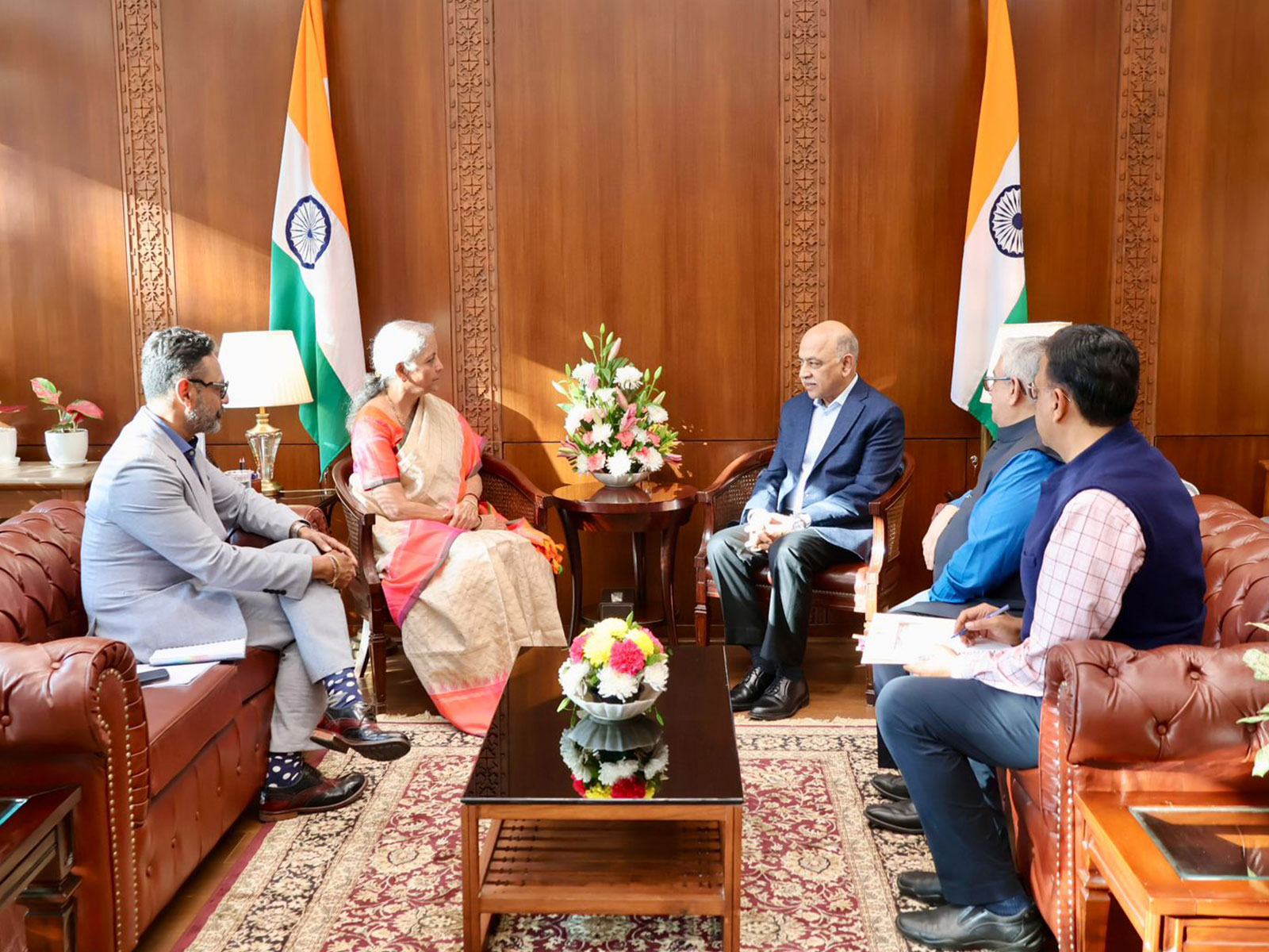 Union Finance Minister Nirmala Sitharaman meets IBM Chairman and CEO Arvind Krishna, along with Sandip Patel, Managing Director of IBM India & South Asia, to discuss IBM’s expanding footprint in India and AI skilling initiatives. (Photo: X/@nsitharamanoffc)