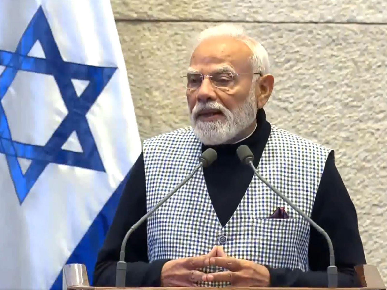 Prime Minister Narendra Modi addresses the Israeli parliament Knesset (Image Source: DD News) Prime Minister Narendra Modi addresses the Israeli parliament Knesset (Image Source: DD News)
