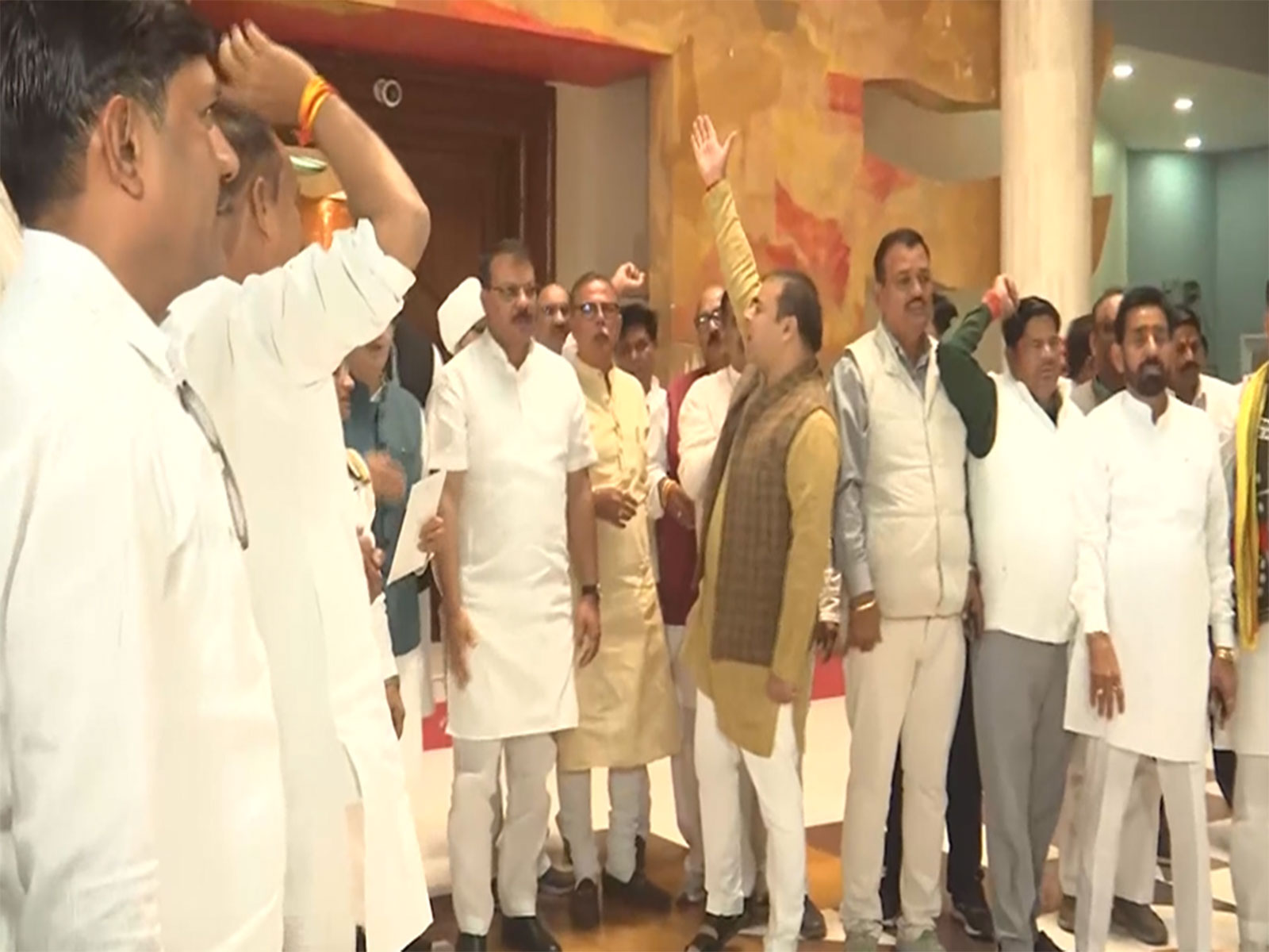 Congress legislators walk out from assembly and raising slogans (Photo/ANI) Congress legislators walk out from assembly and raising slogans (Photo/ANI)