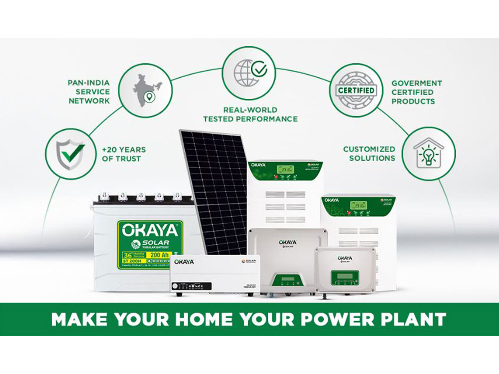 Okaya’s complete solar ecosystem - high-efficiency panels, smart inverters, Solar PCUs, and advanced tubular batteries engineered for Indian conditions Okaya’s complete solar ecosystem - high-efficiency panels, smart inverters, Solar PCUs, and advanced tubular batteries engineered for Indian conditions